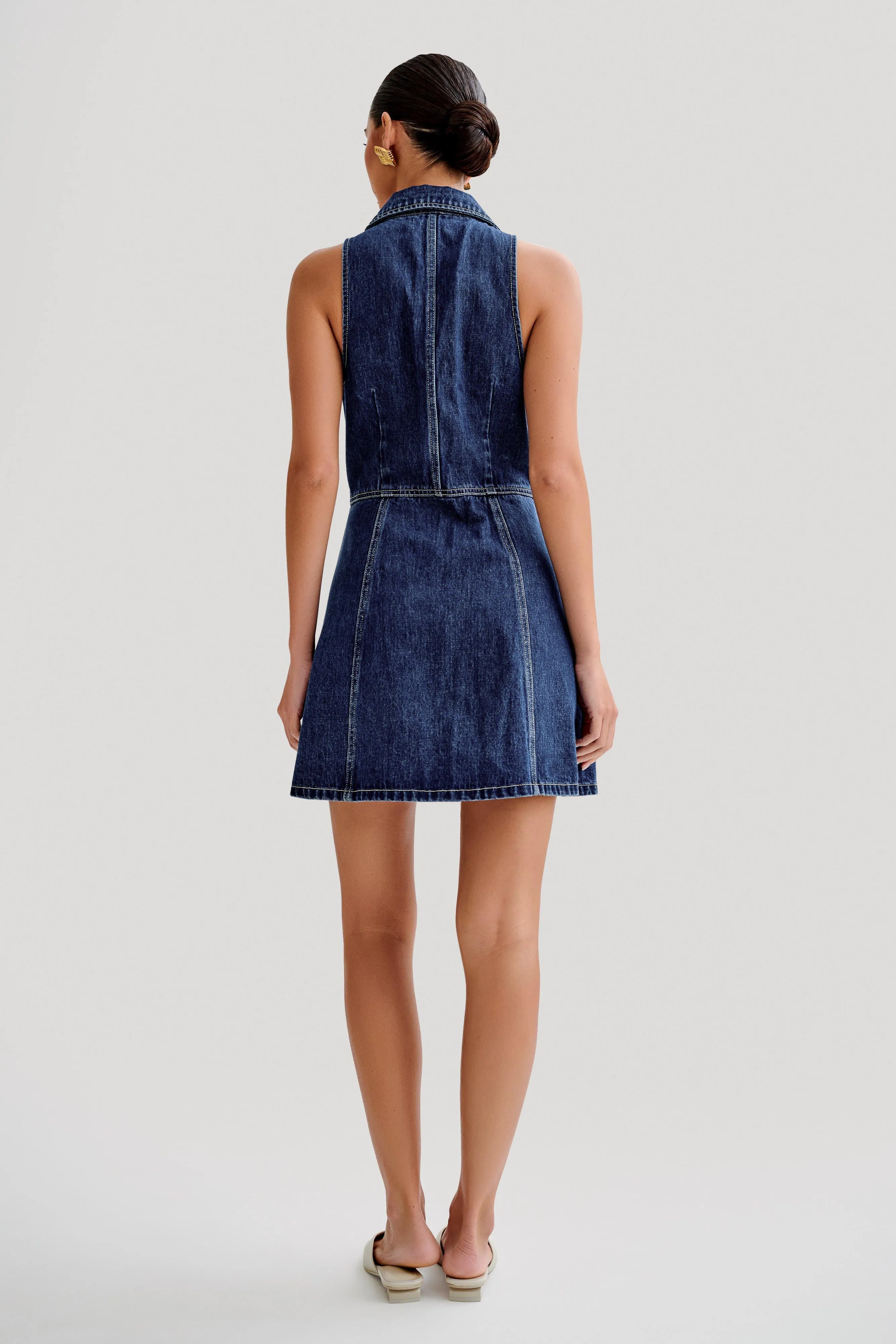 Joy Glow MultiPurposePockets Eugenie Collared Denim Mini Dress - Dark Blue