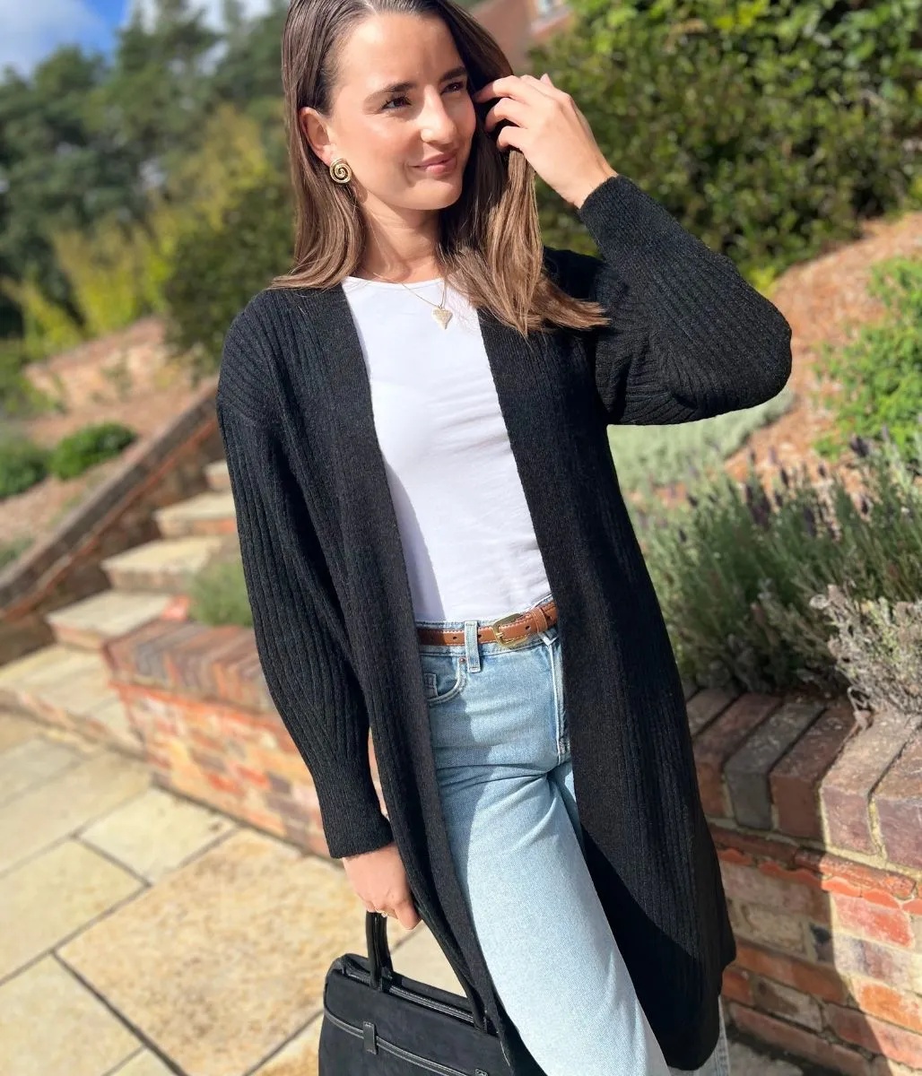 Black Ribbed Edge to Edge Longline Cardigan All Purpose Wear Four Way Stretch Fabric