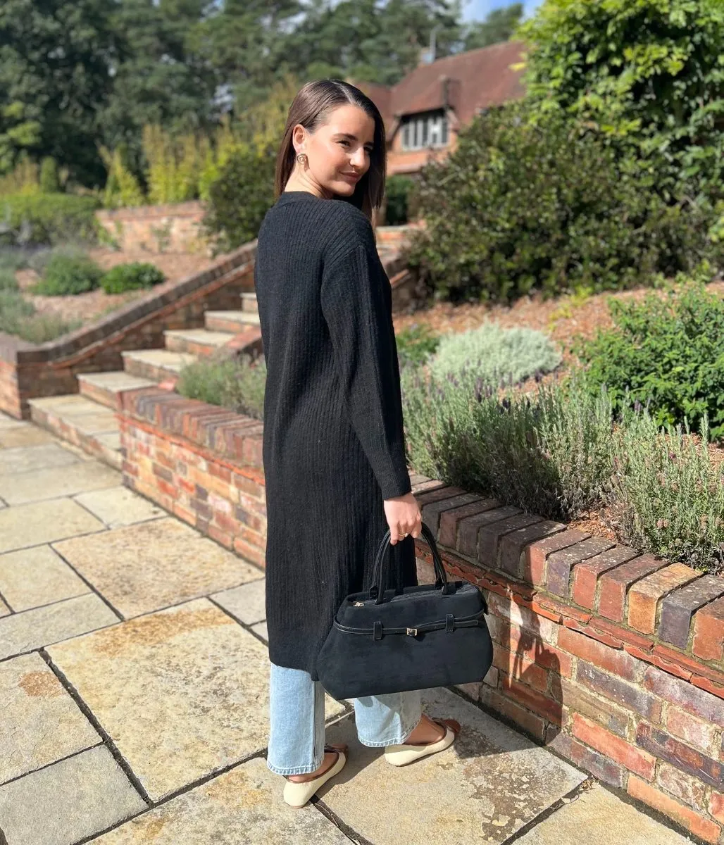 Winter-Ready Fashion sporty wear Black Ribbed Edge to Edge Longline Cardigan