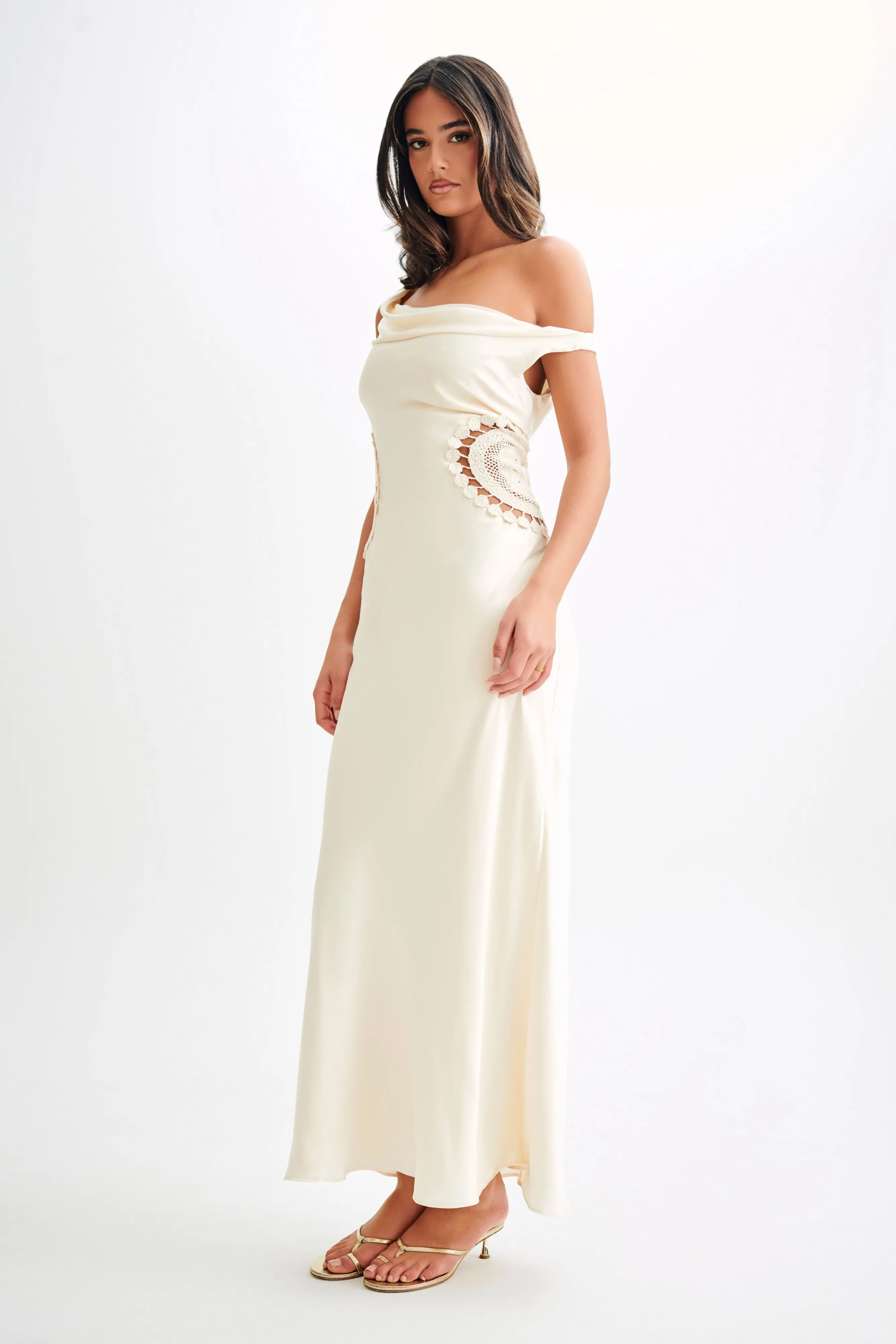 Kristina Satin Maxi Dress With Crochet - Ivory Stain-Resistant