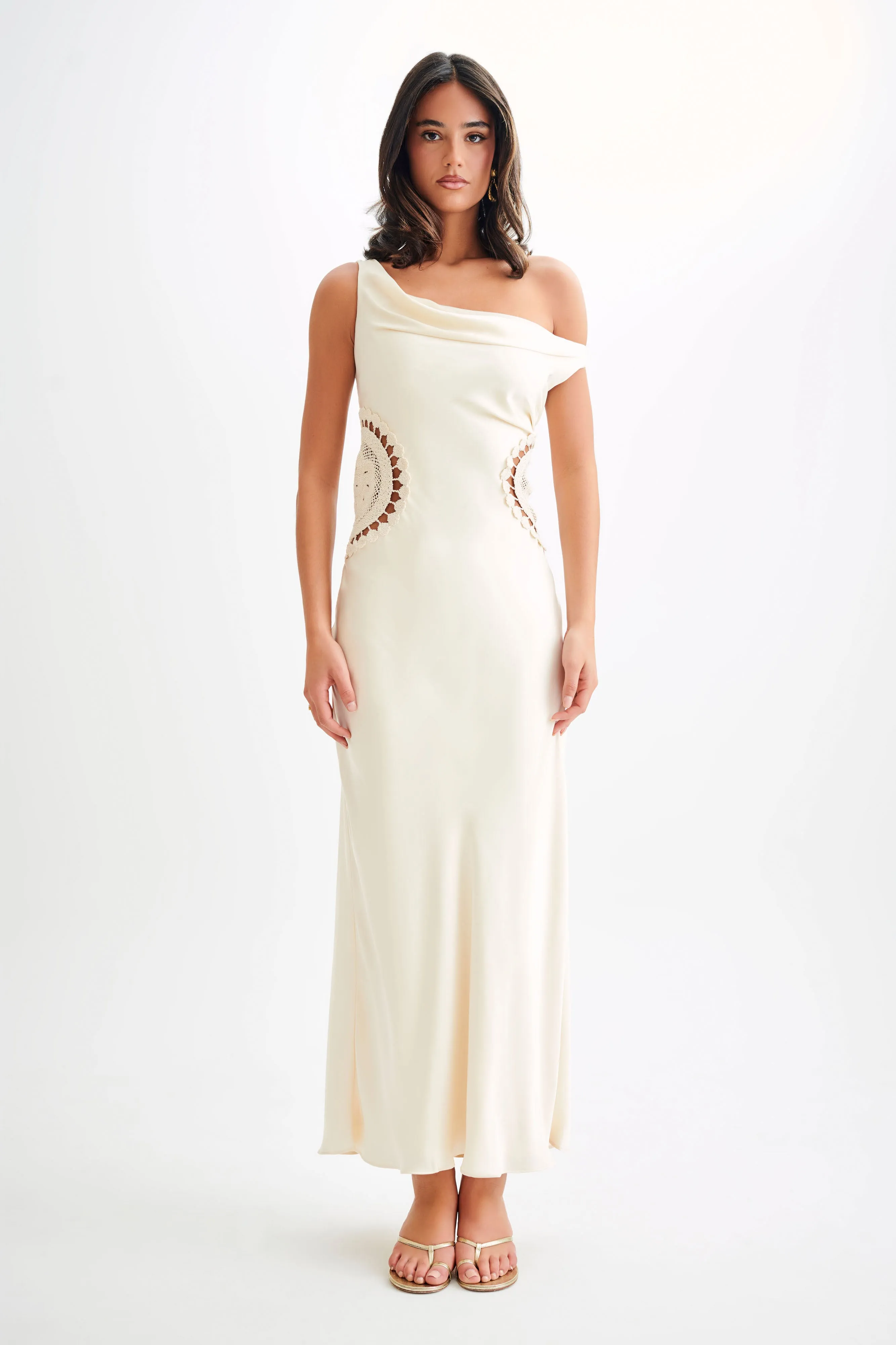 Kristina Satin Maxi Dress With Crochet - Ivory Feminine Touch Inner Smile