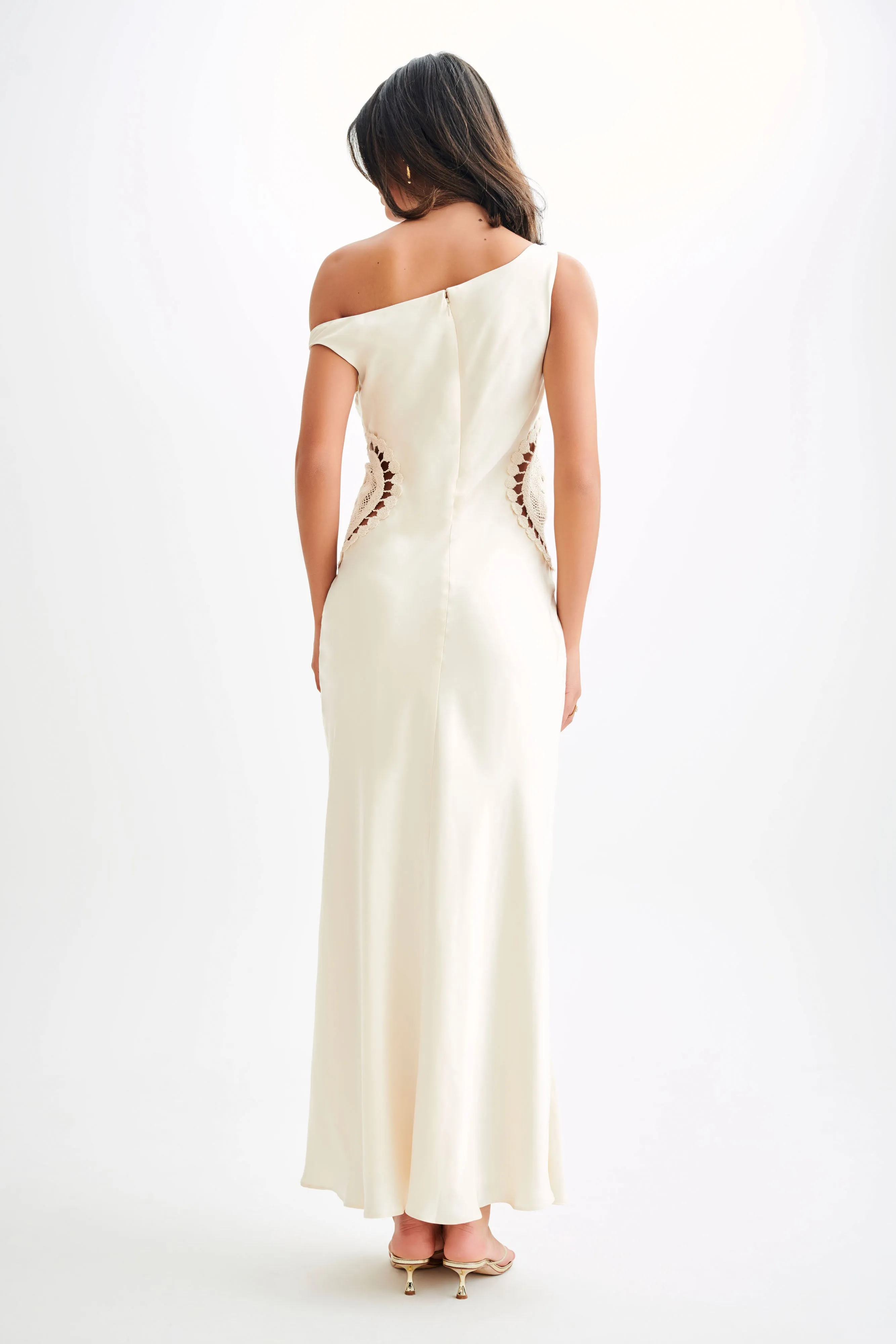 Fresh Motion Bold Patterns Kristina Satin Maxi Dress With Crochet - Ivory