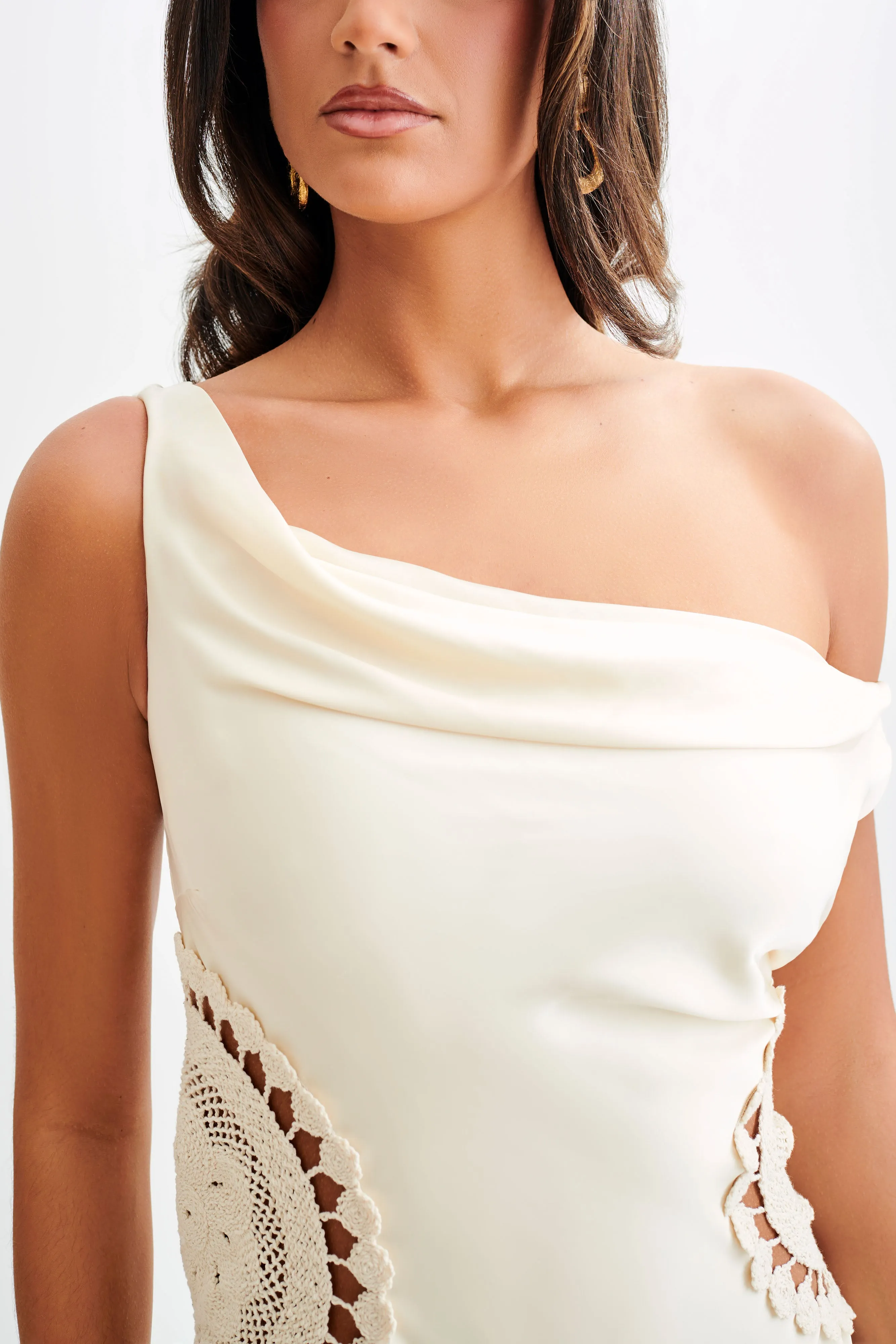 Smocked-Detail Versatile Piece Kristina Satin Maxi Dress With Crochet - Ivory