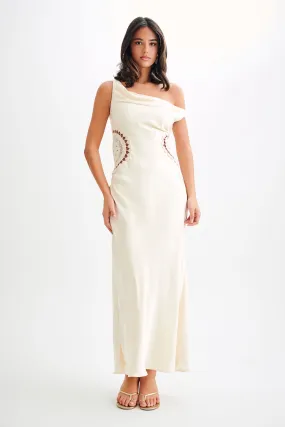Kristina Satin Maxi Dress With Crochet - Ivory Metallic-Shine