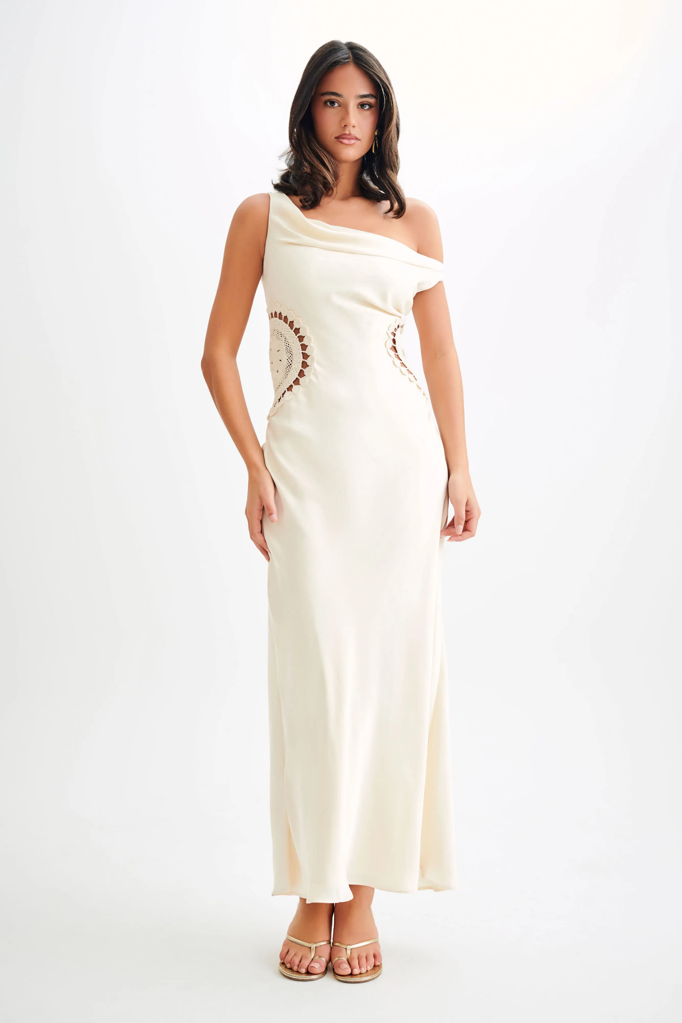 Kristina Satin Maxi Dress With Crochet - Ivory Metallic-Shine