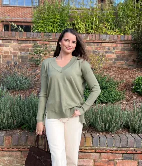 Low Maintenance Fabric Sage Fine Knit V Neck Tunic Jumper