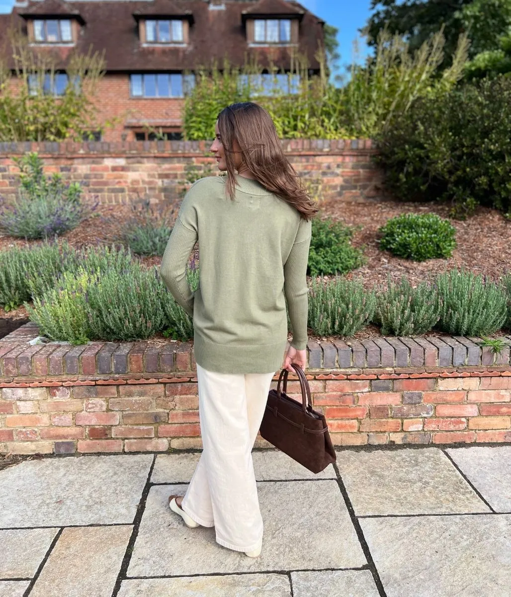 Layering Essential Sage Fine Knit V Neck Tunic Jumper
