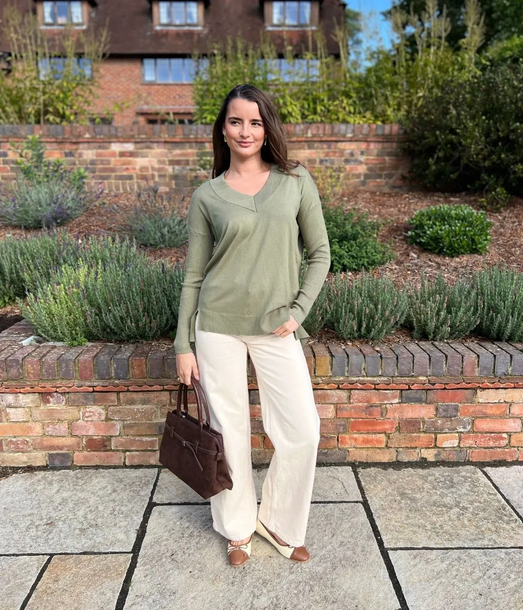Sage Fine Knit V Neck Tunic Jumper Slim Design Fit