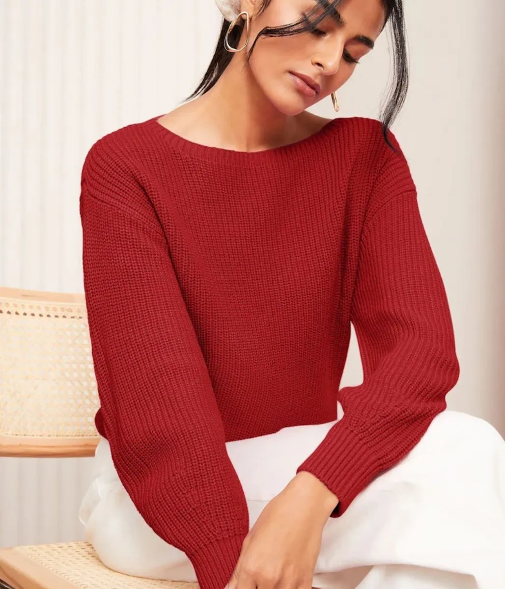 Trendy Knitwear Active Wear Fit Red Boat Neck Knitted Jumper
