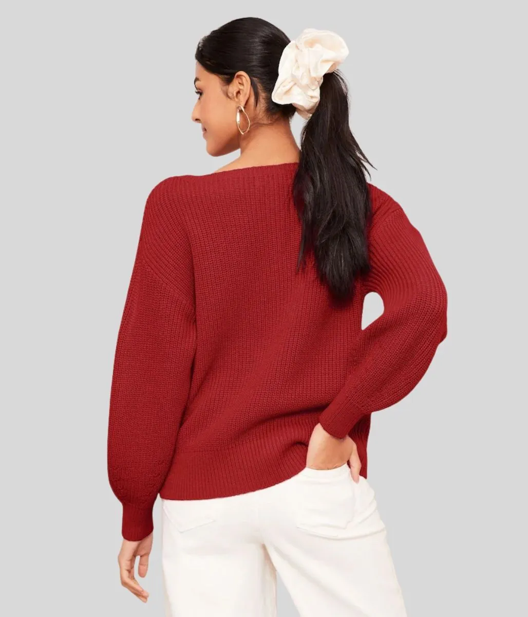 Red Boat Neck Knitted Jumper Lightweight Design Breathable wear
