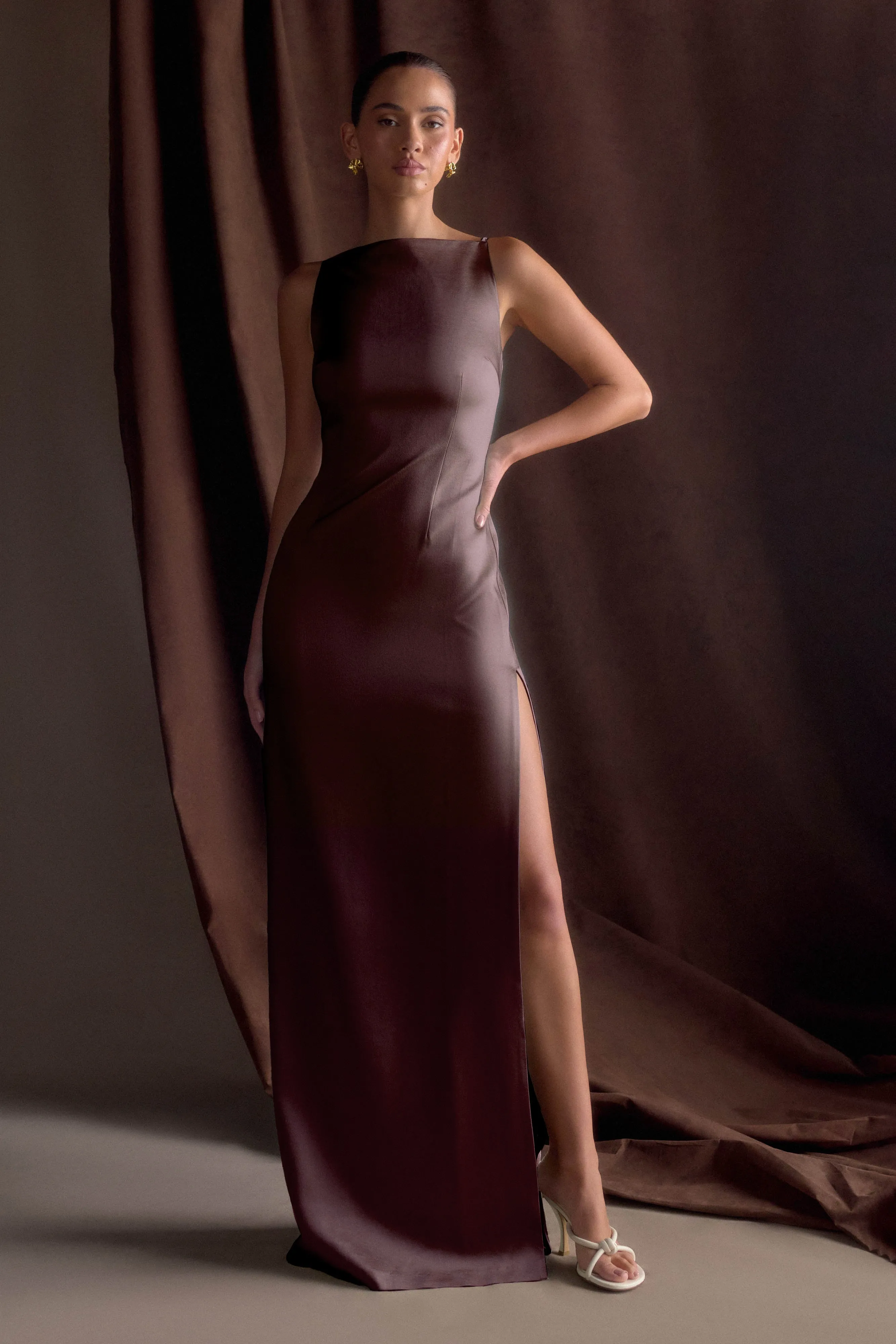 Machine-washable Grace Base Violet Sleeveless Satin Maxi Dress - Dark Chocolate