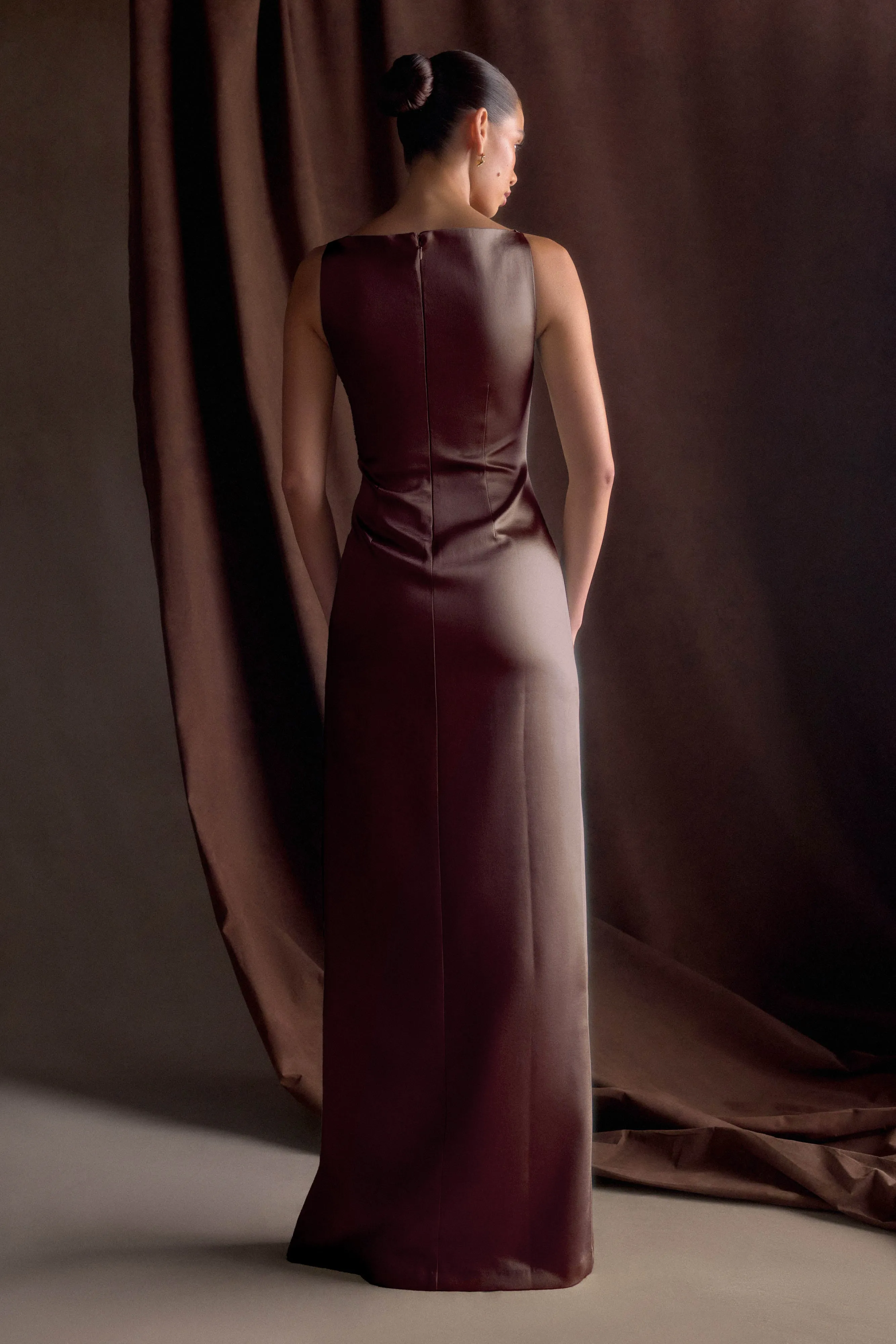 Straight-Cut Violet Sleeveless Satin Maxi Dress - Dark Chocolate