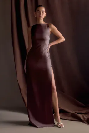 Machine-washable Grace Base Violet Sleeveless Satin Maxi Dress - Dark Chocolate