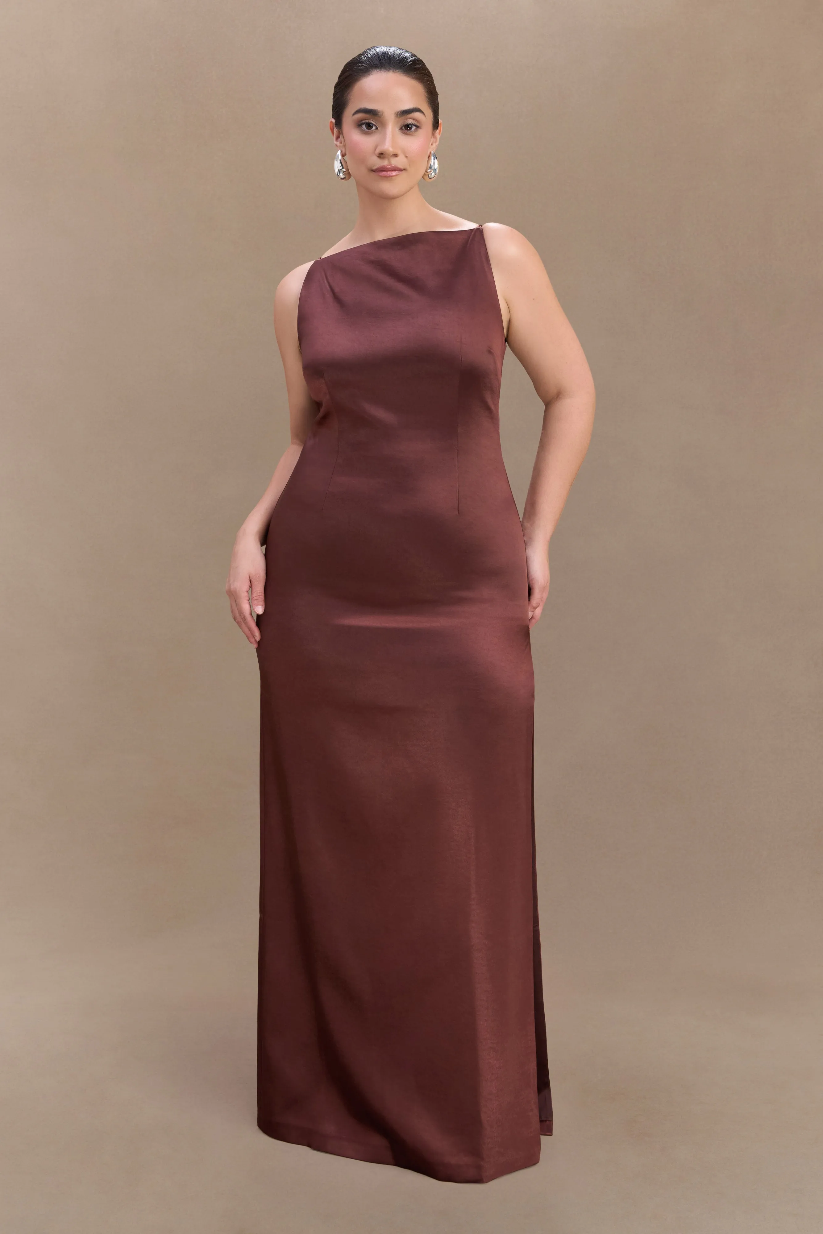 Effortless Look Violet Sleeveless Satin Maxi Dress - Dark Chocolate