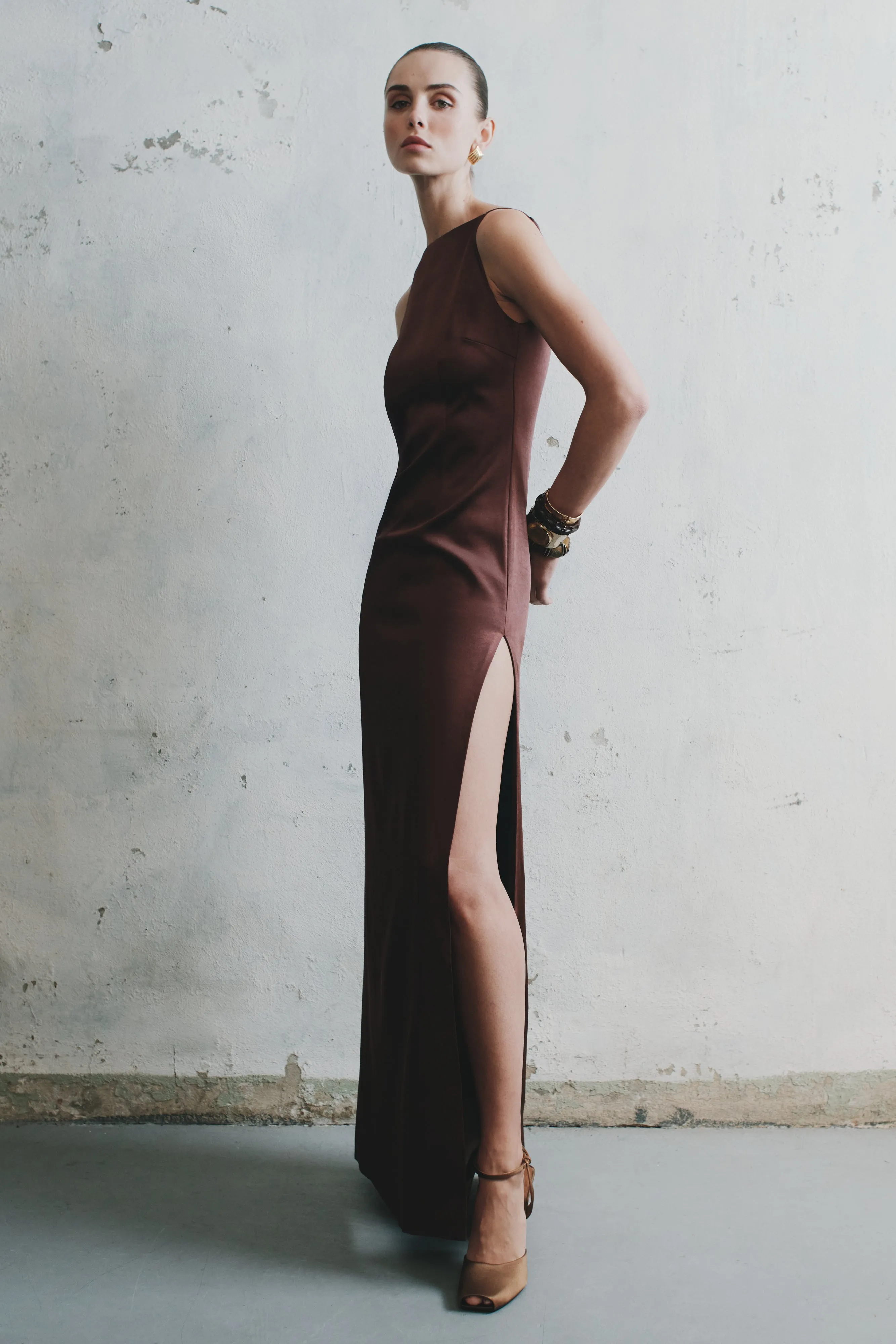 Violet Sleeveless Satin Maxi Dress - Dark Chocolate Daily Form Luxe Wear