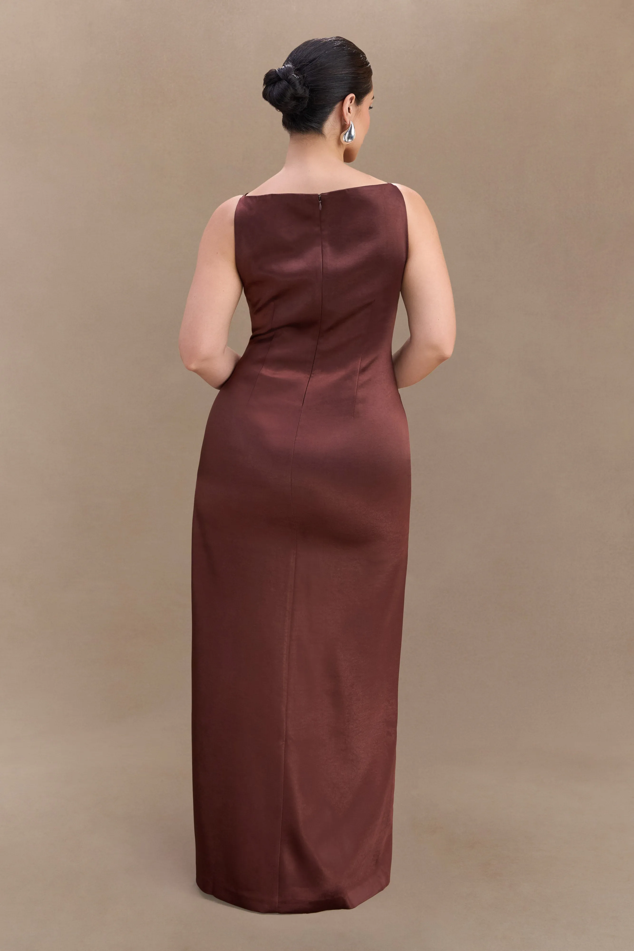 Elegant brunch outfit Understated Glam Violet Sleeveless Satin Maxi Dress - Dark Chocolate