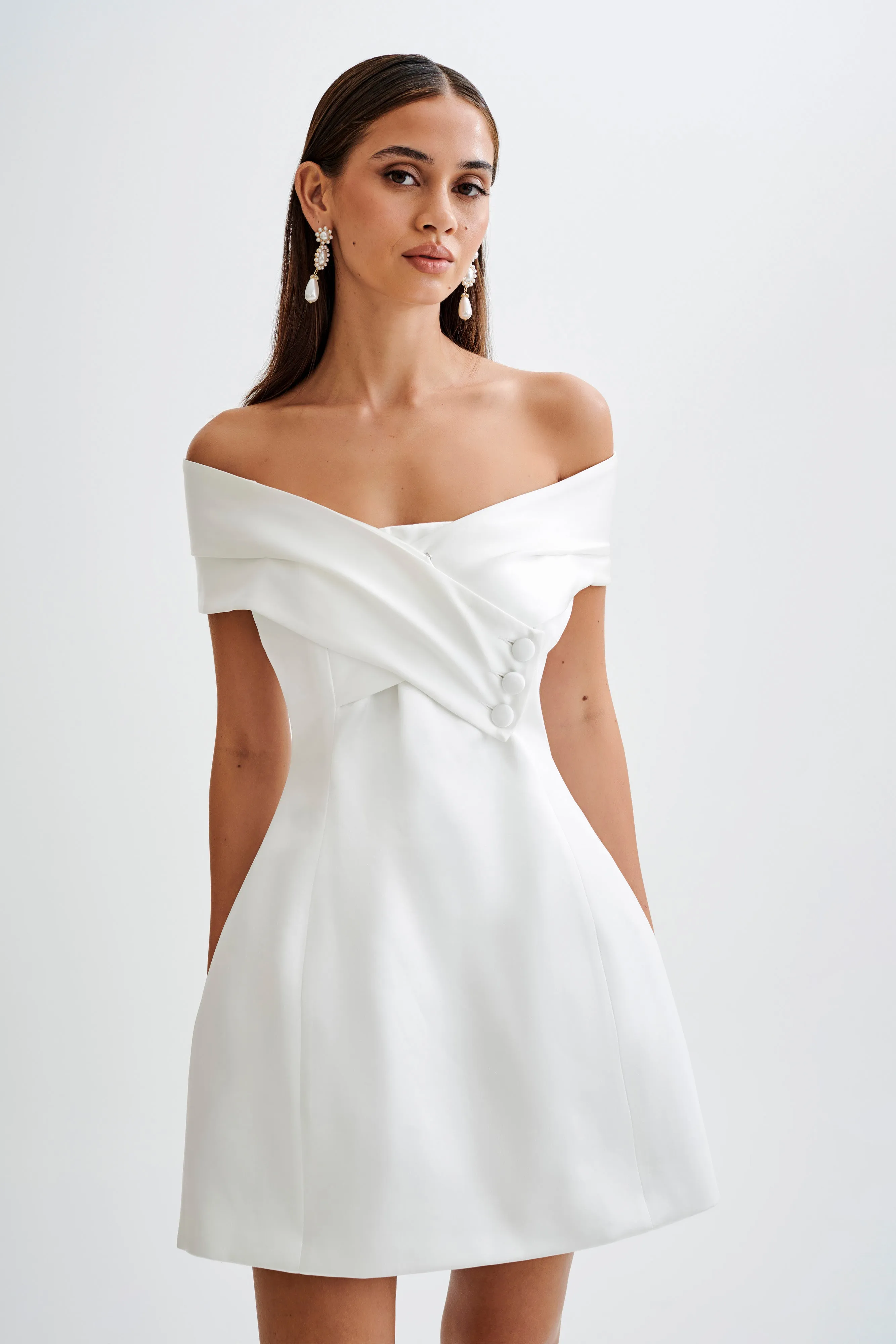 Contemporary Wear Evita Satin Off Shoulder Mini Dress - White