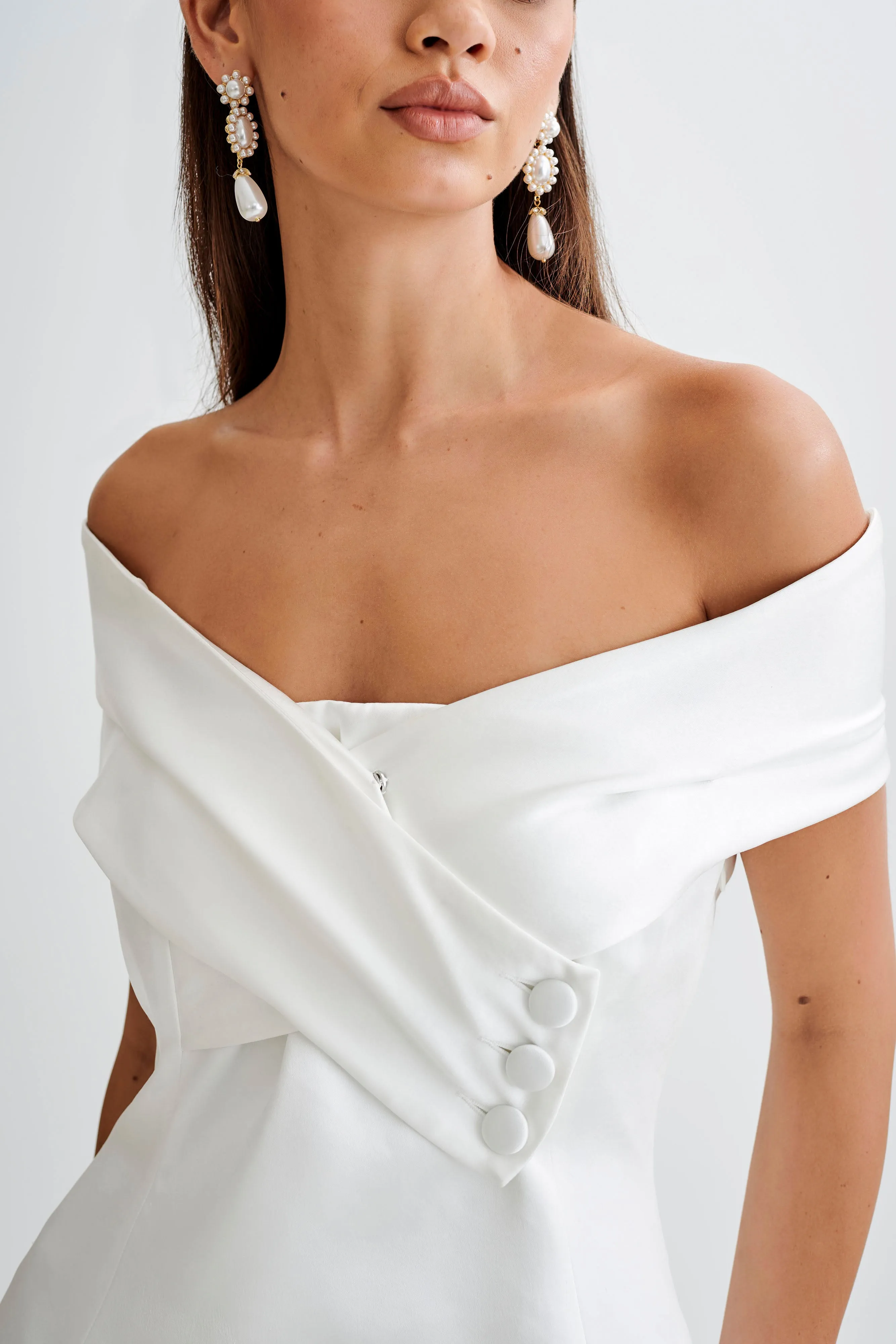 Evita Satin Off Shoulder Mini Dress - White Cozy Fit Spring Ready