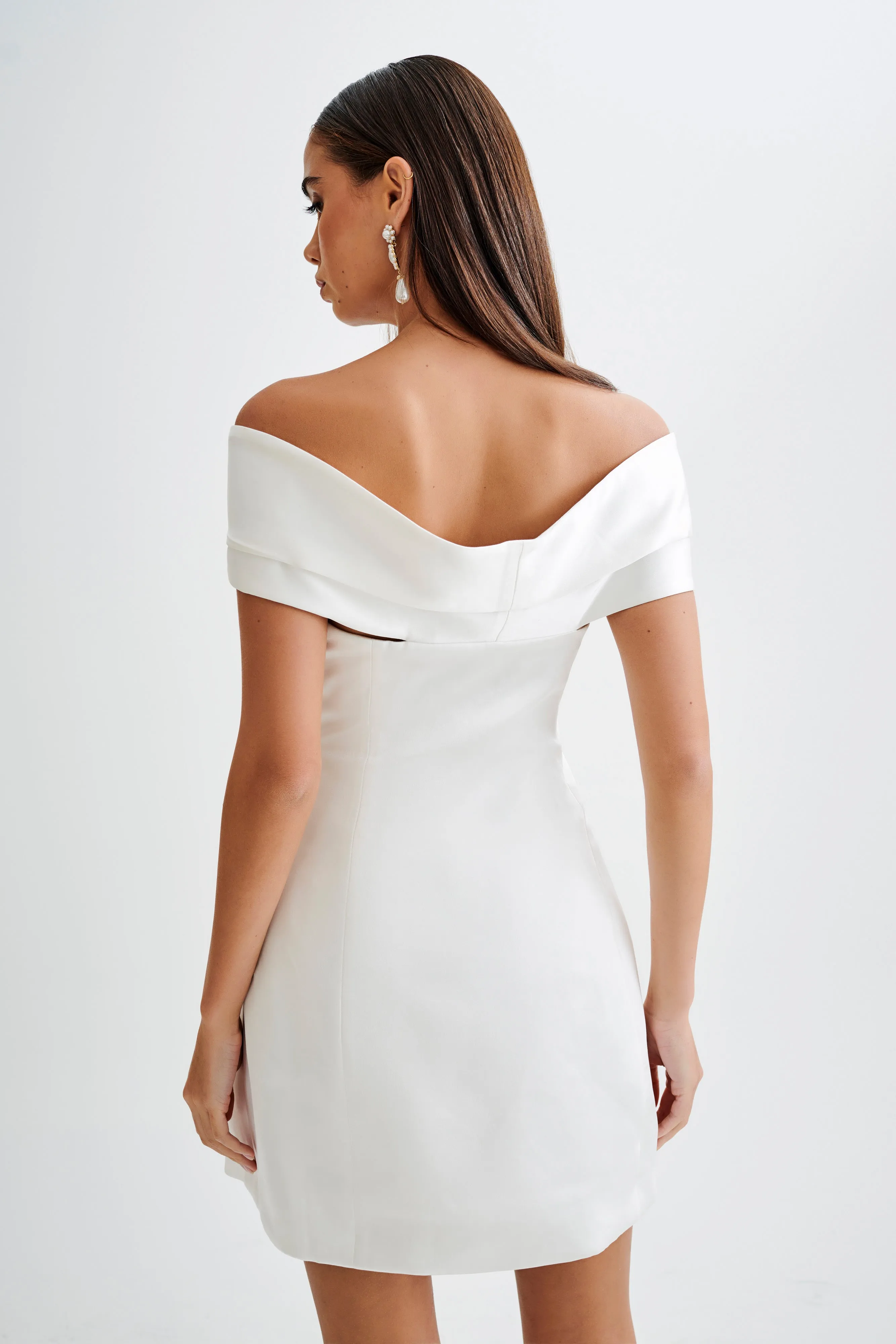 Neutral Tones Evita Satin Off Shoulder Mini Dress - White