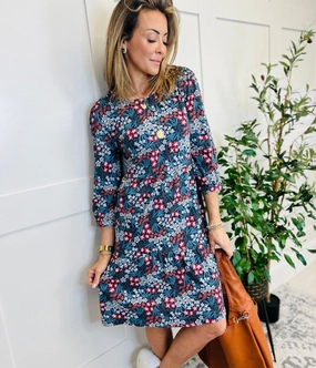 Ex Seasalt Navy Heron Dip Tiered Dress Boat-Neck