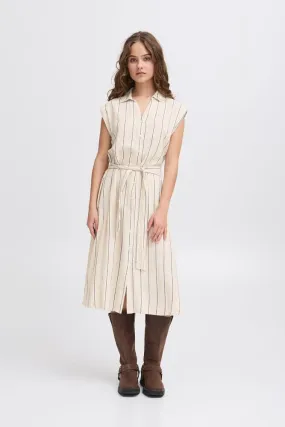 NATURAL ECRU AND NAVY STRIPE DRESS Front-Slit Elegance Glow