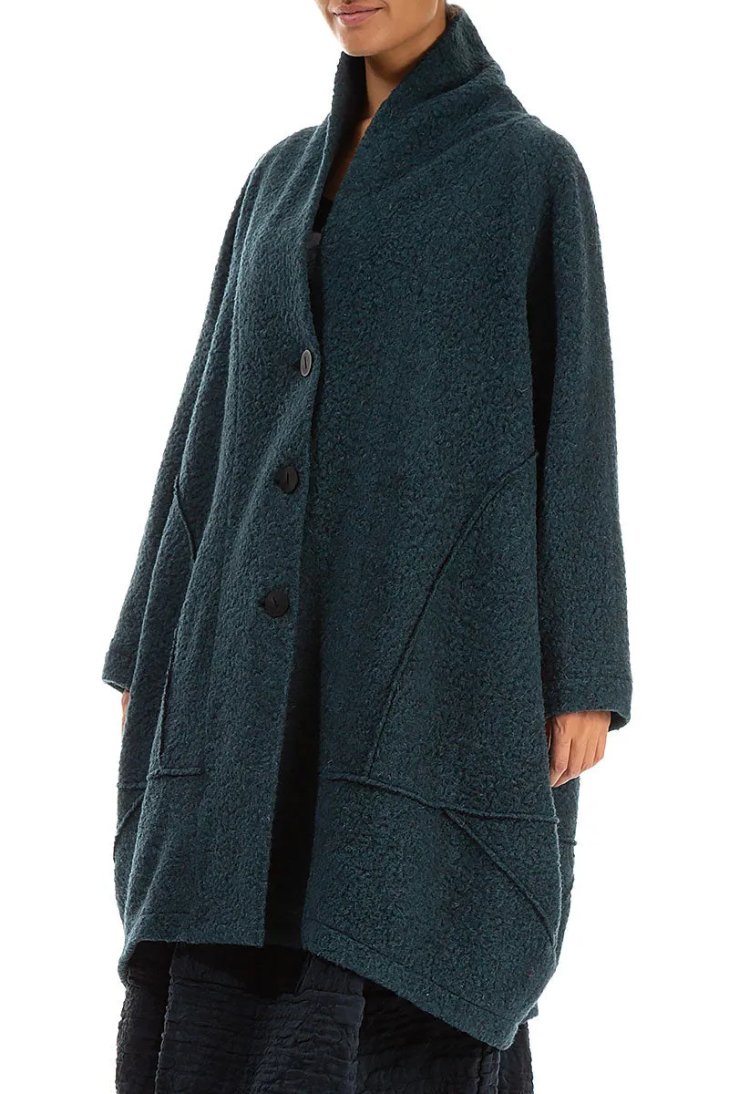 Balloon Teal Plush Wool Cotton Coat Soft Fleece Lining Slim Fit Design