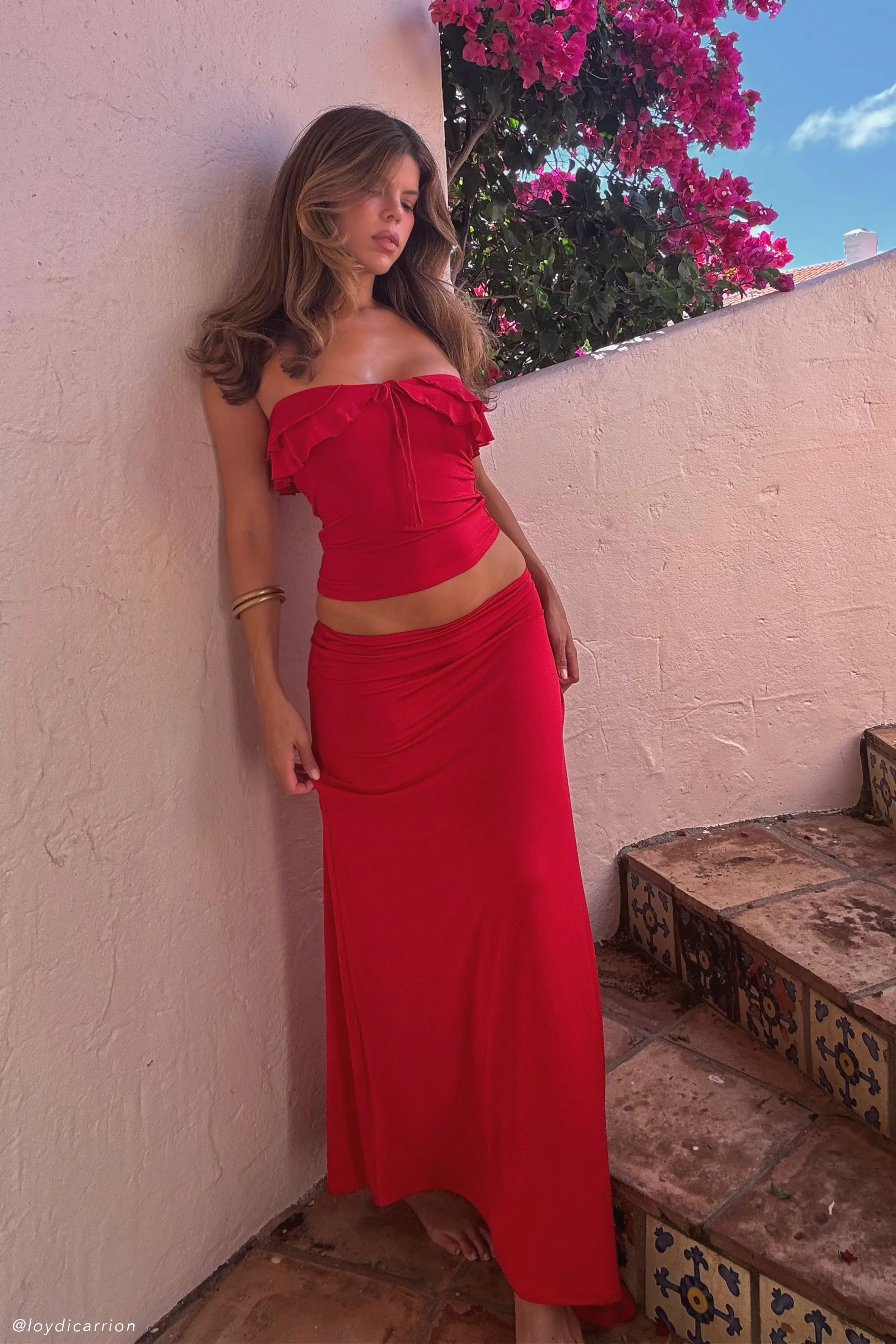 Bea Asymmetrical Slinky Maxi Skirt - Pomegranate Everyday Comfort Fit