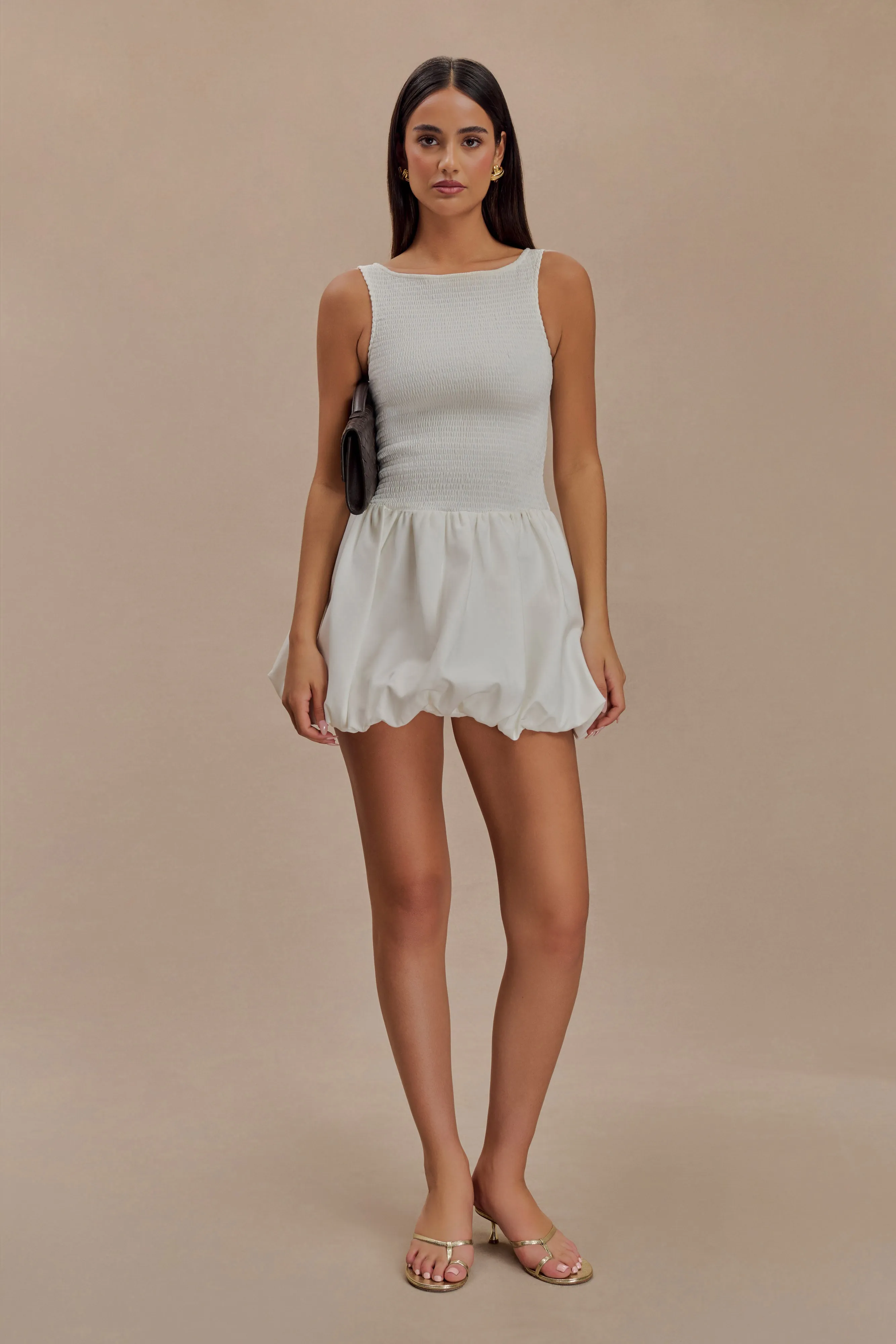Felicity Shirring Bubble Cotton Mini Dress - White Daily Confidence Day Magic