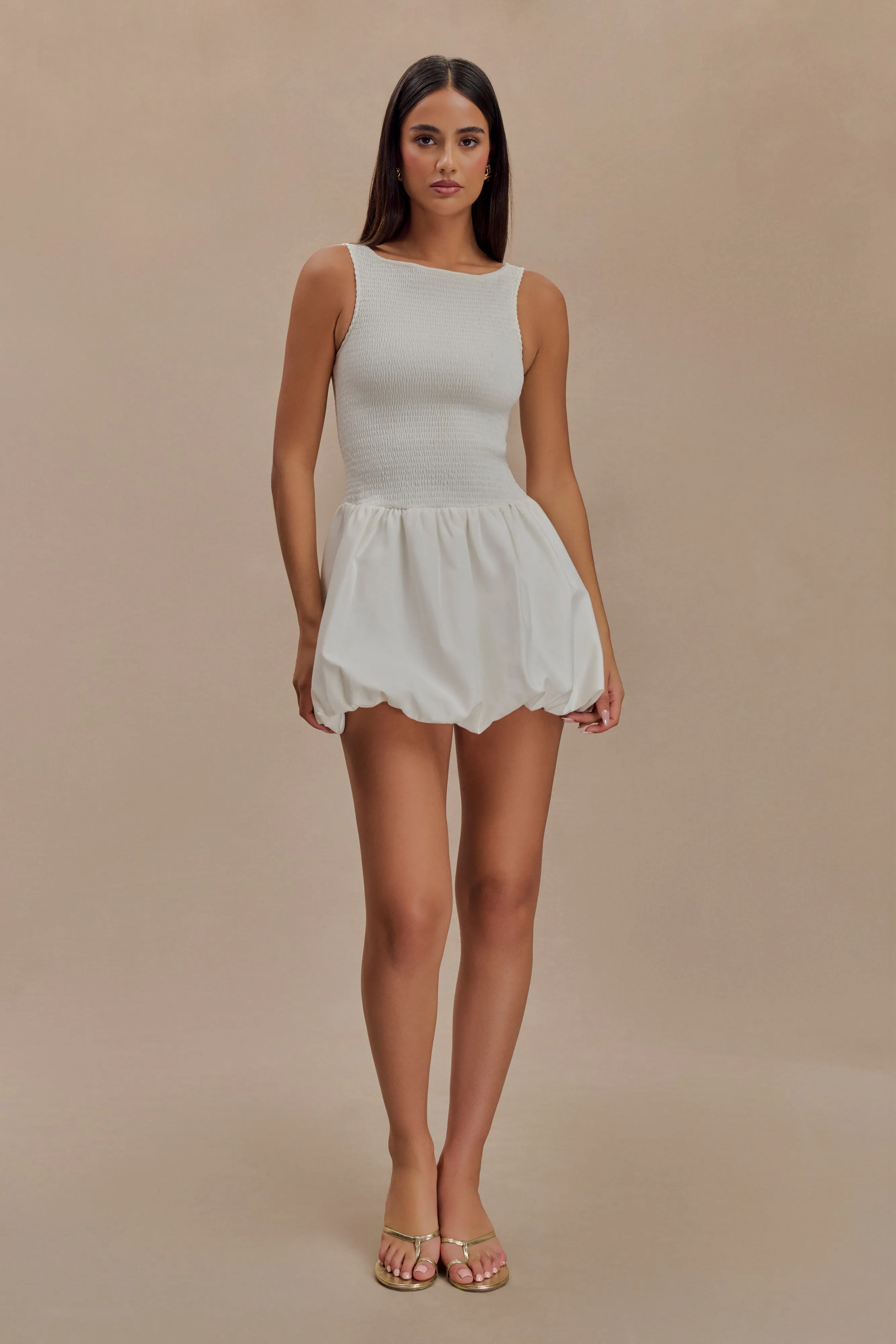 Felicity Shirring Bubble Cotton Mini Dress - White Summer Air Panelled-Design