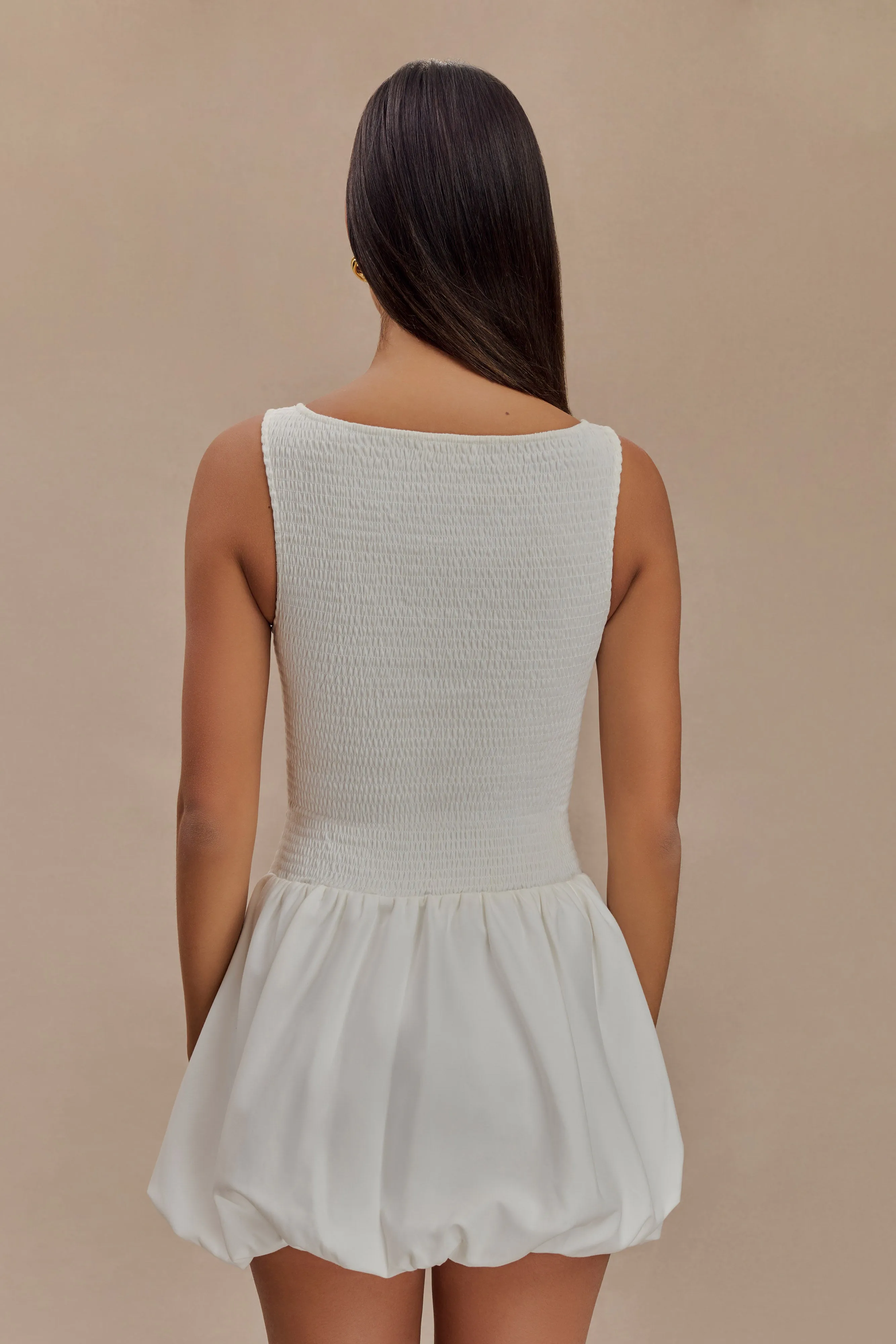 Balanced Tones Felicity Shirring Bubble Cotton Mini Dress - White
