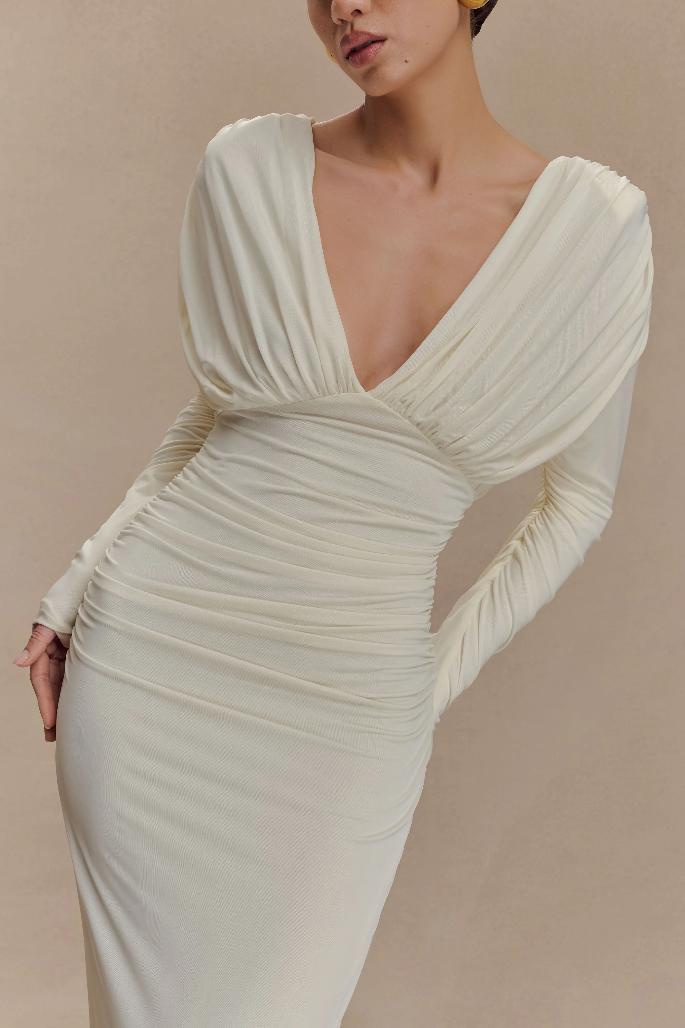 Weekend Feel Hayden Long Sleeve Plunge Maxi Dress - Ivory