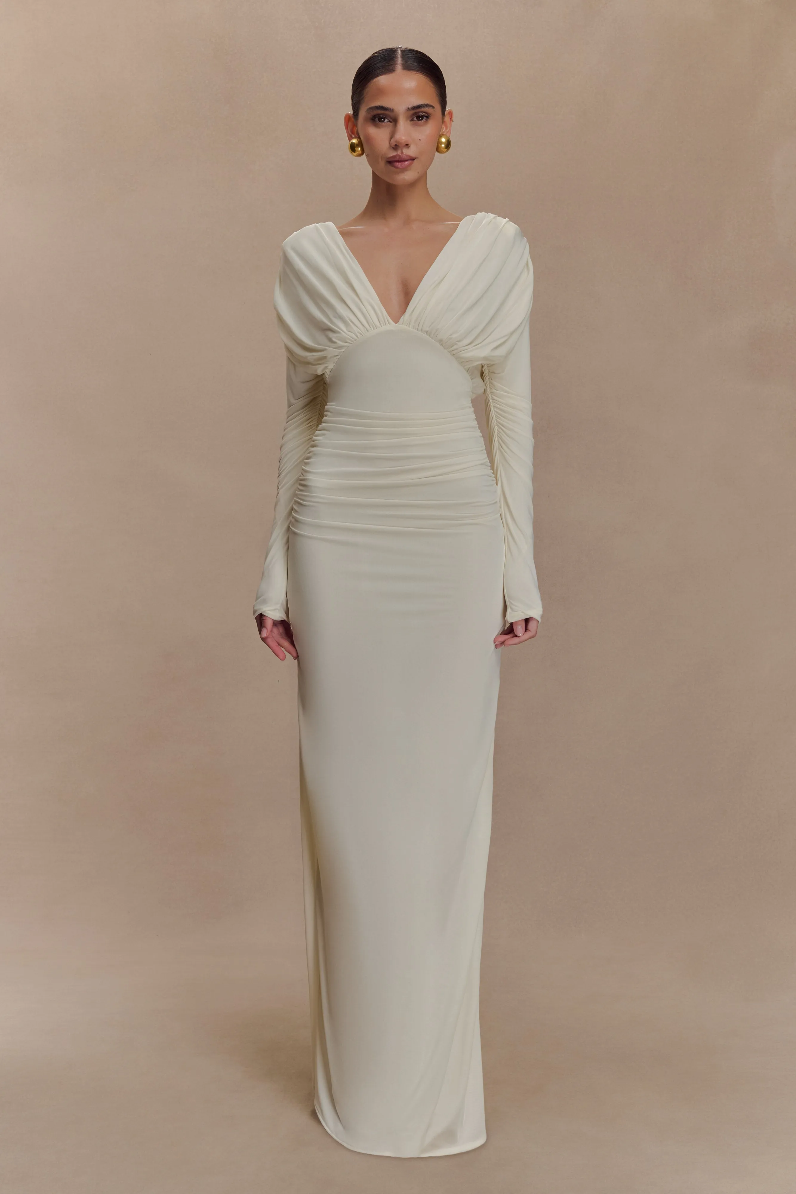 Feminine Details Calm Beauty Hayden Long Sleeve Plunge Maxi Dress - Ivory