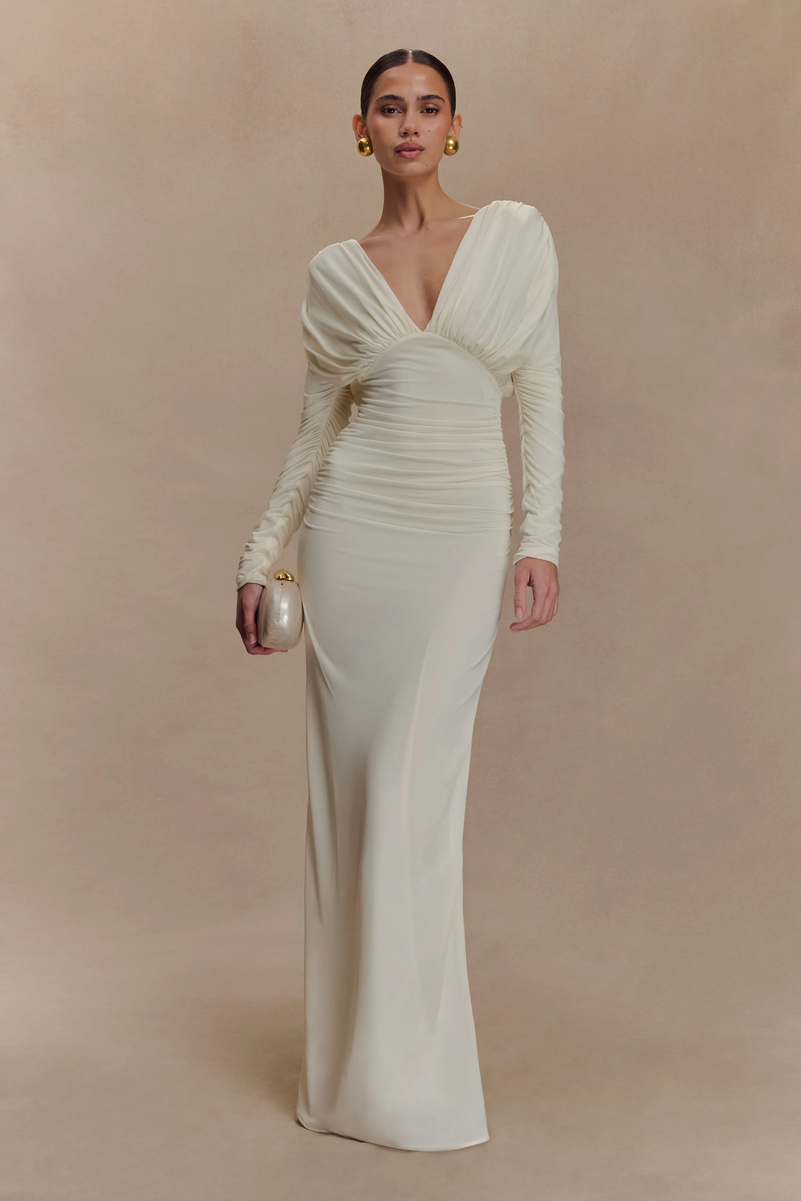 Youthful Style Fresh Flow Hayden Long Sleeve Plunge Maxi Dress - Ivory