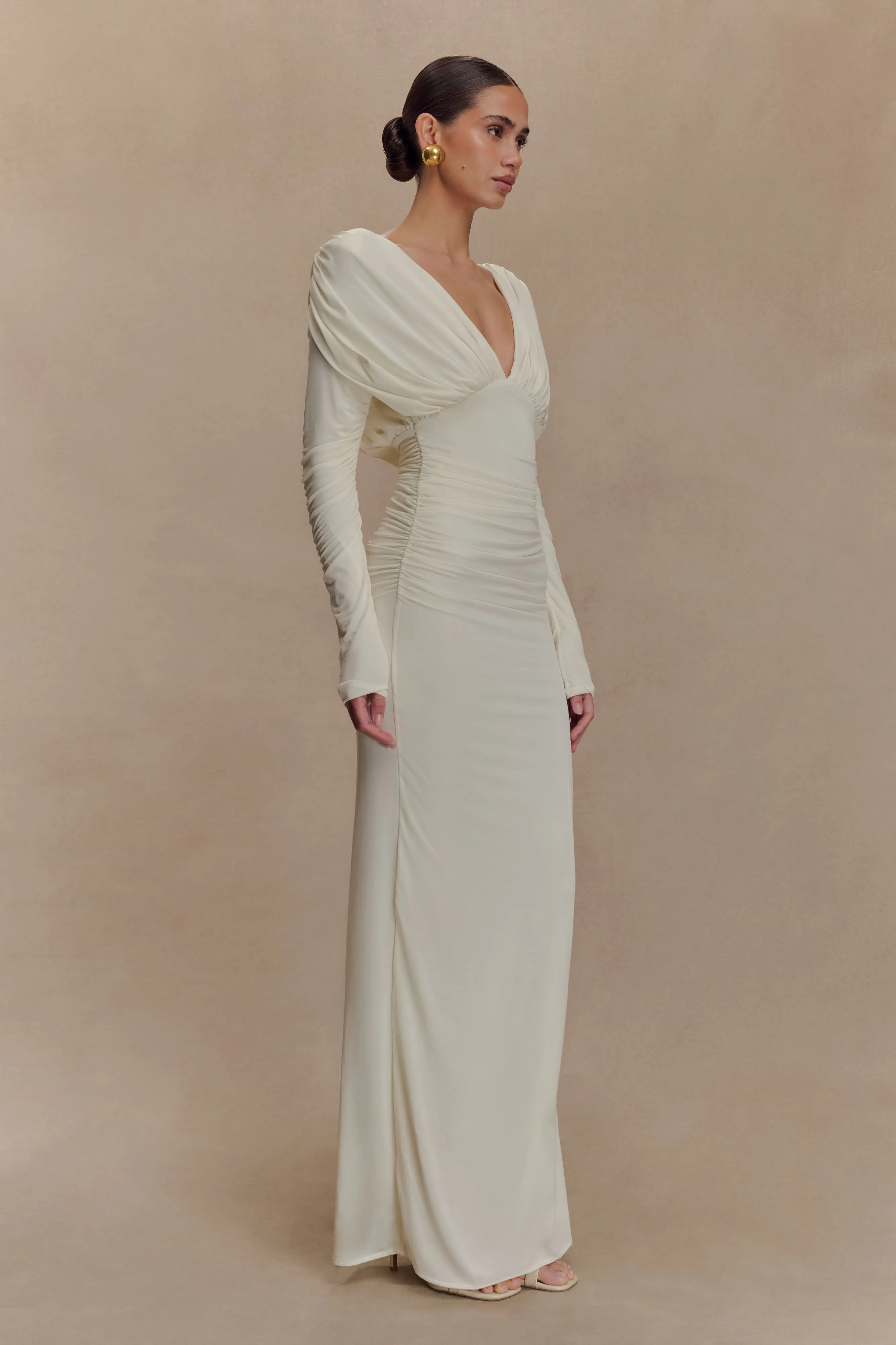 Hayden Long Sleeve Plunge Maxi Dress - Ivory Effortless weekend dress Edgy Layers