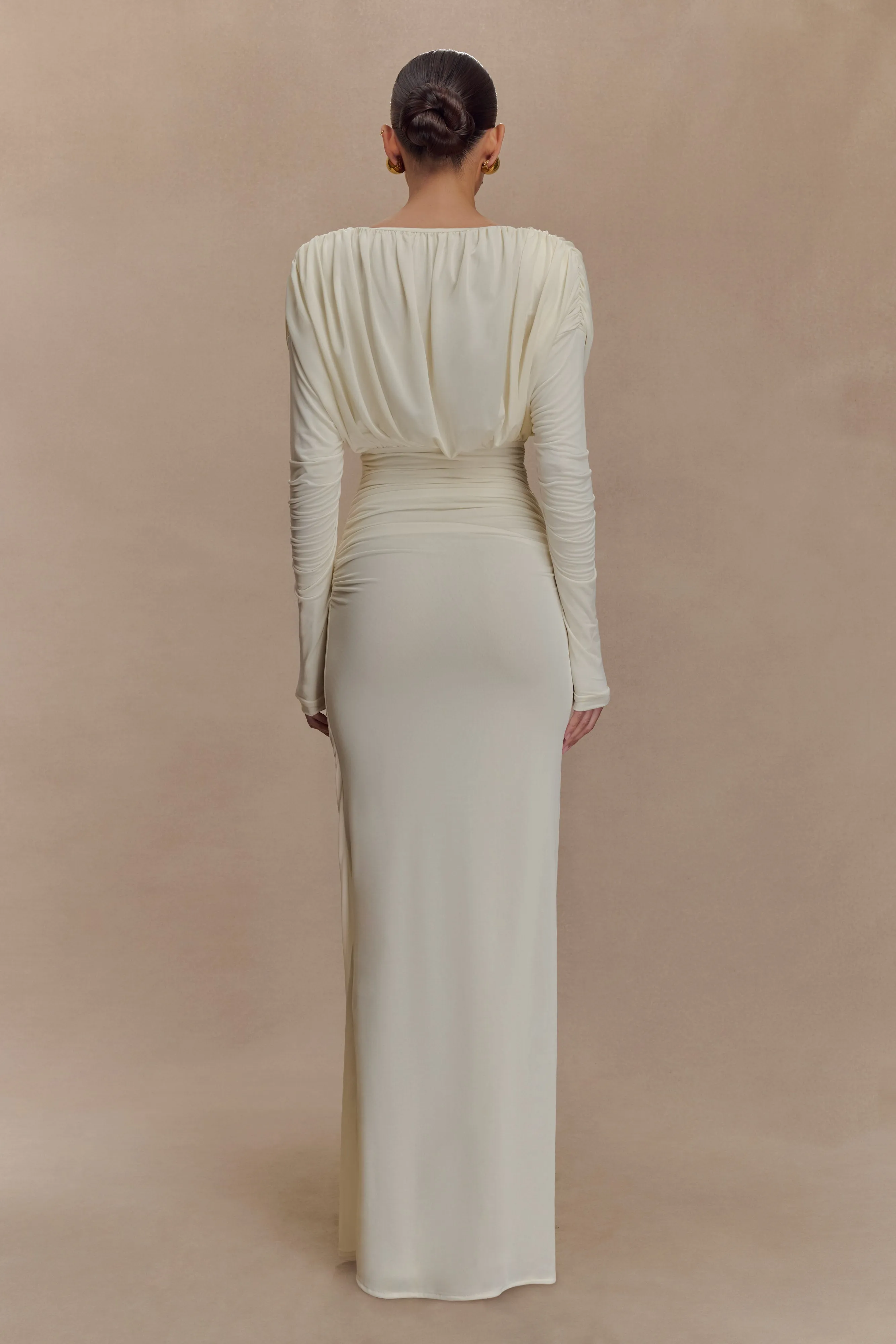 Hayden Long Sleeve Plunge Maxi Dress - Ivory Layerable Piece Playful and flirty dress