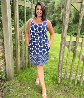 Calm Flow Fine Details Navy Linen Blend Shift Dress