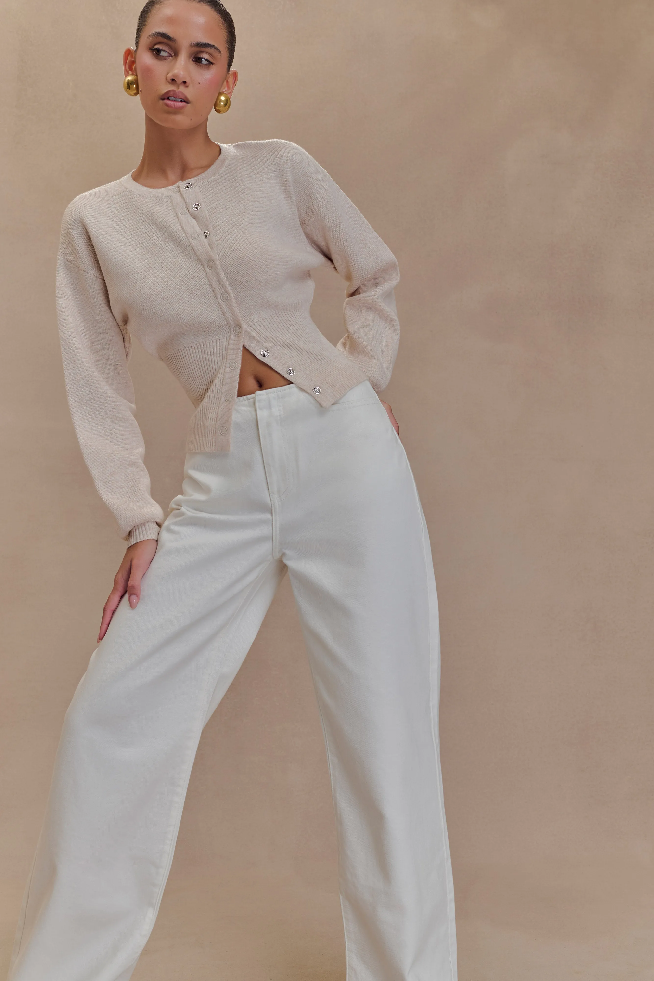 Layered Drape Style Staple Ferne Button Up Knit Cardigan - Oat Marle