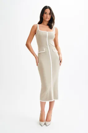 Comfortable and Chic Eimear Contrast Knit Midi Dress - Taupe & Ivory