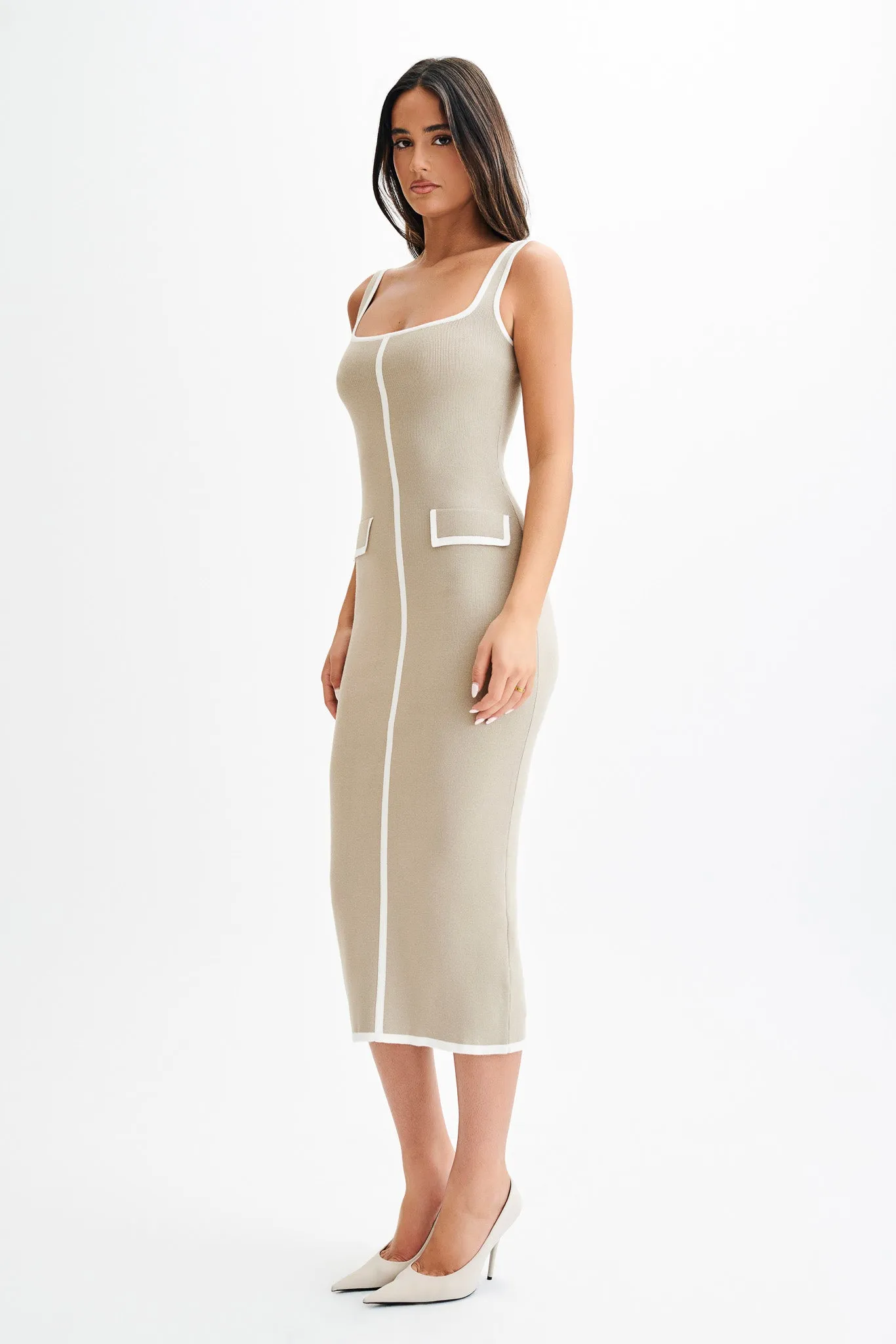 flattering appearance Eimear Contrast Knit Midi Dress - Taupe & Ivory