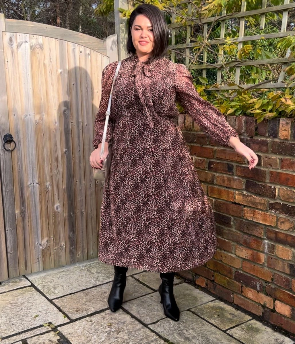 Soft Tones Timeless Layer Leopard Print Chiffon Tie Neck Midi Dress