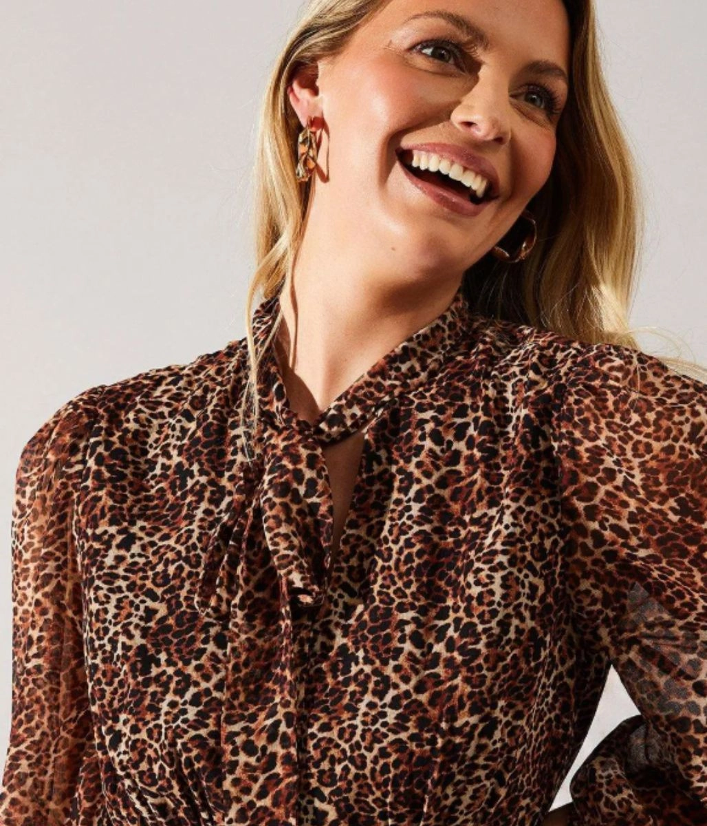 Leopard Print Chiffon Tie Neck Midi Dress Chic Layers Trend Appeal