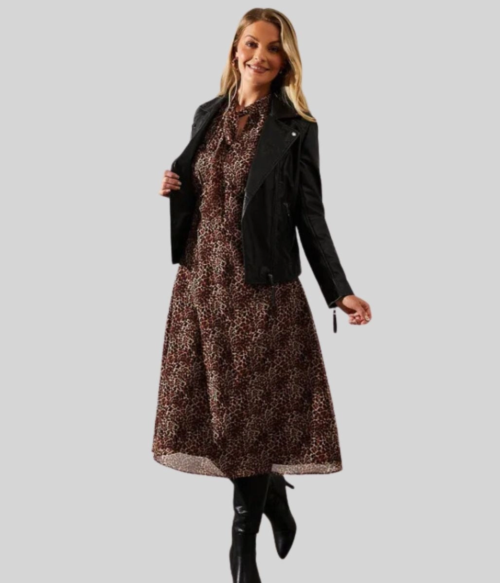 Leopard Print Chiffon Tie Neck Midi Dress Unique Print Clean Lines