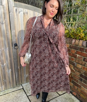 Glam Touch Sophisticated cocktail dress Leopard Print Chiffon Tie Neck Midi Dress