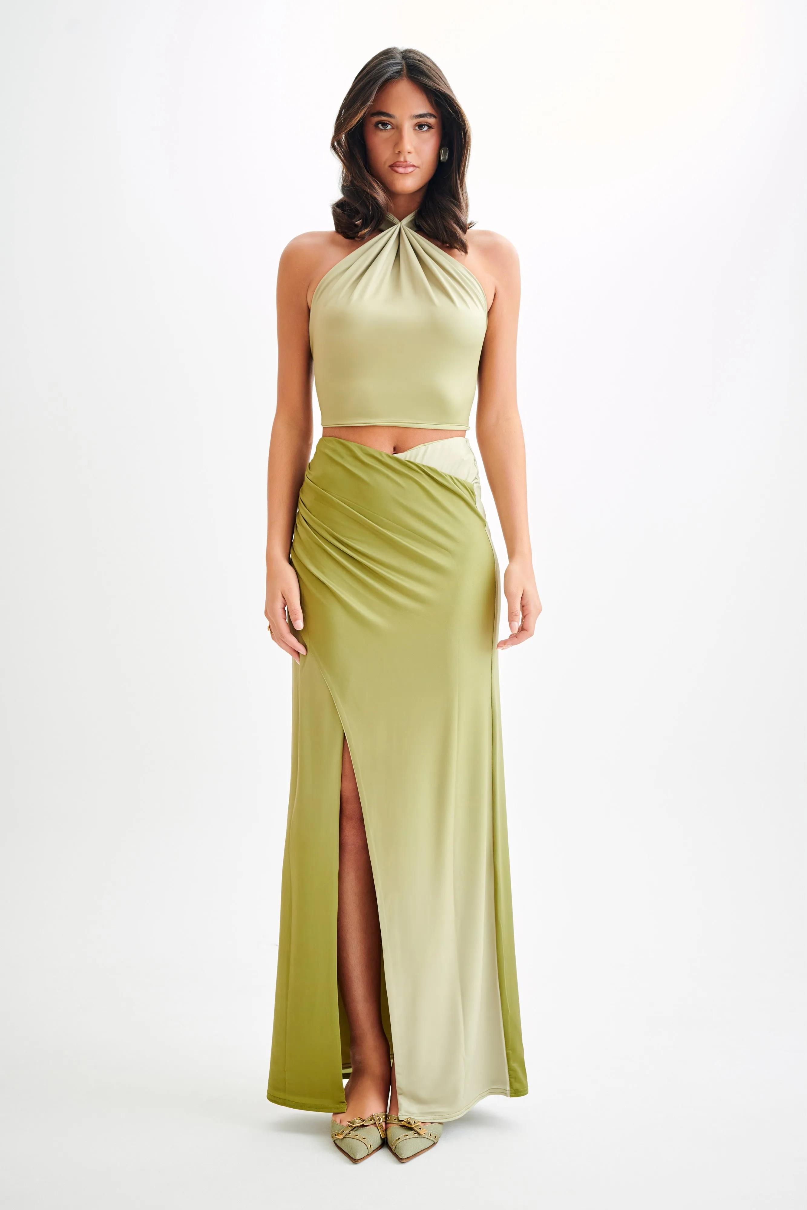 Bronwyn Slinky Ruched Maxi Skirt With Split - Ombre Vintage Olive EcoFriendlyMaterials Seamless Comfort