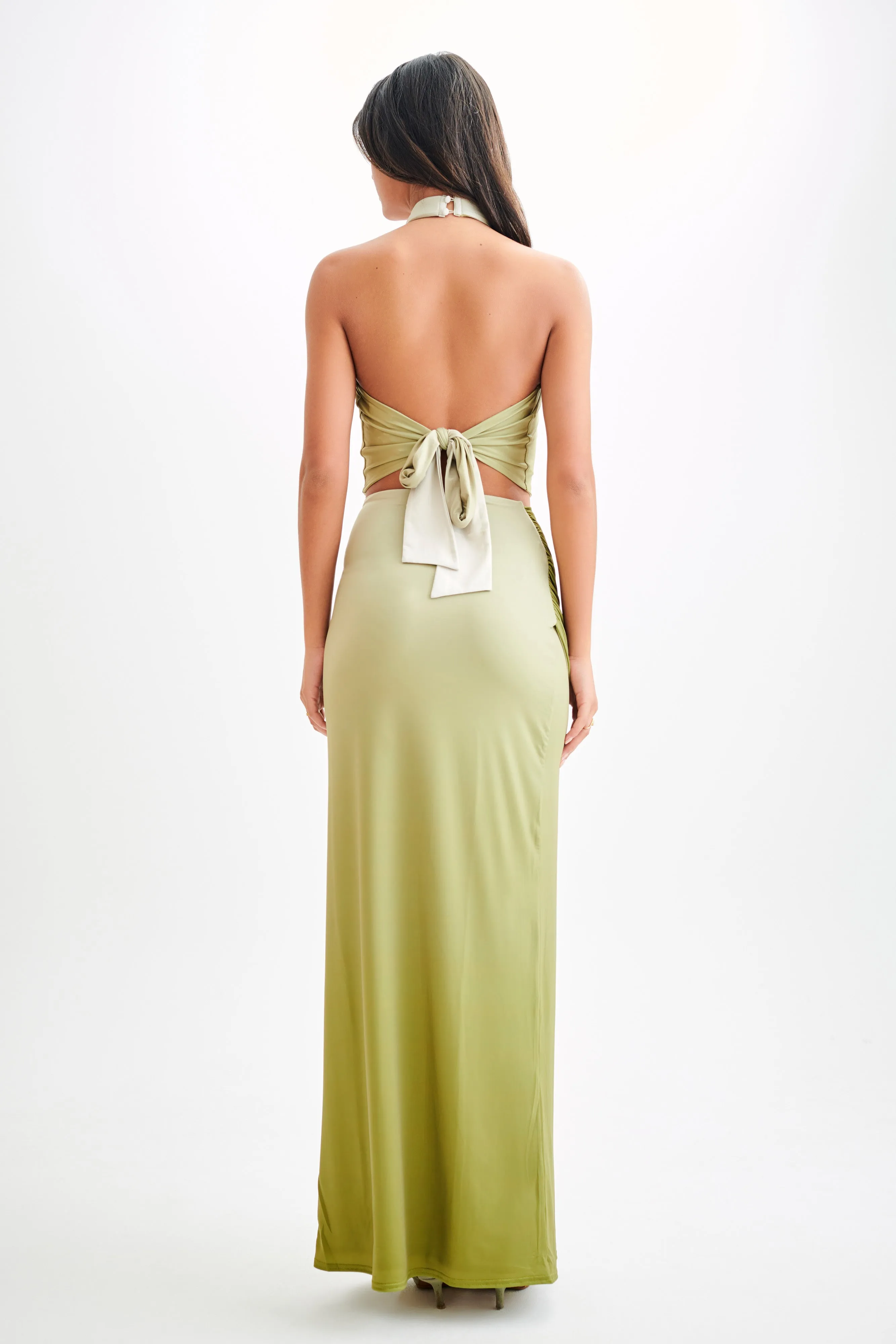 Bronwyn Slinky Ruched Maxi Skirt With Split - Ombre Vintage Olive Durable Material Quick Comfort Fit