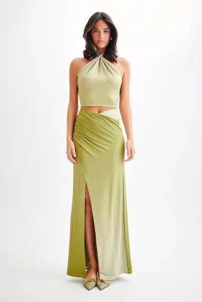 Bronwyn Slinky Ruched Maxi Skirt With Split - Ombre Vintage Olive EcoFriendlyMaterials Seamless Comfort