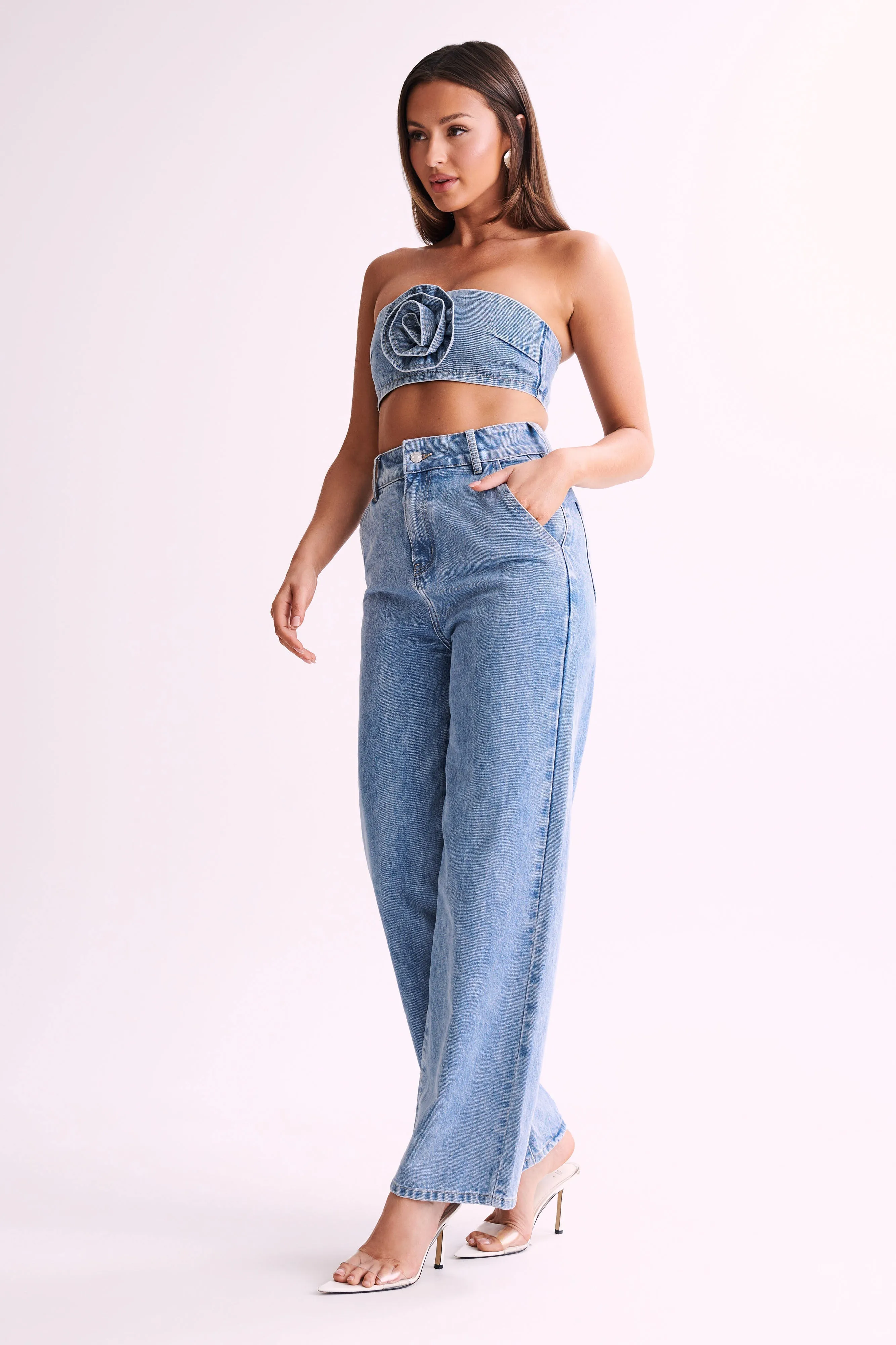Day-to-Day Wear Simple Comfort Roxy Wide Leg High Waist Denim Jeans - Mid Blue