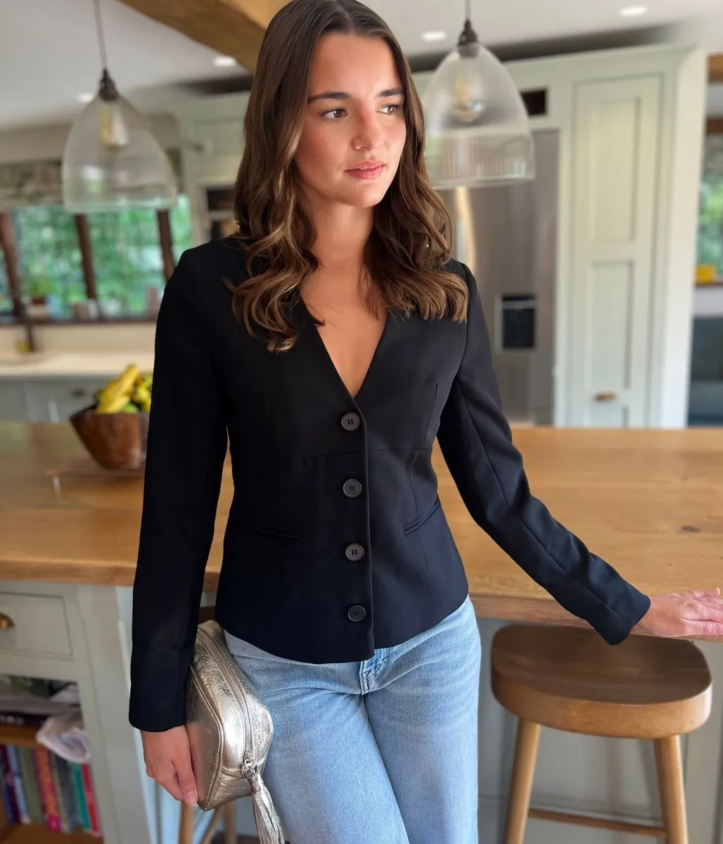 Non Restrictive Cut Black V Neck Blazer