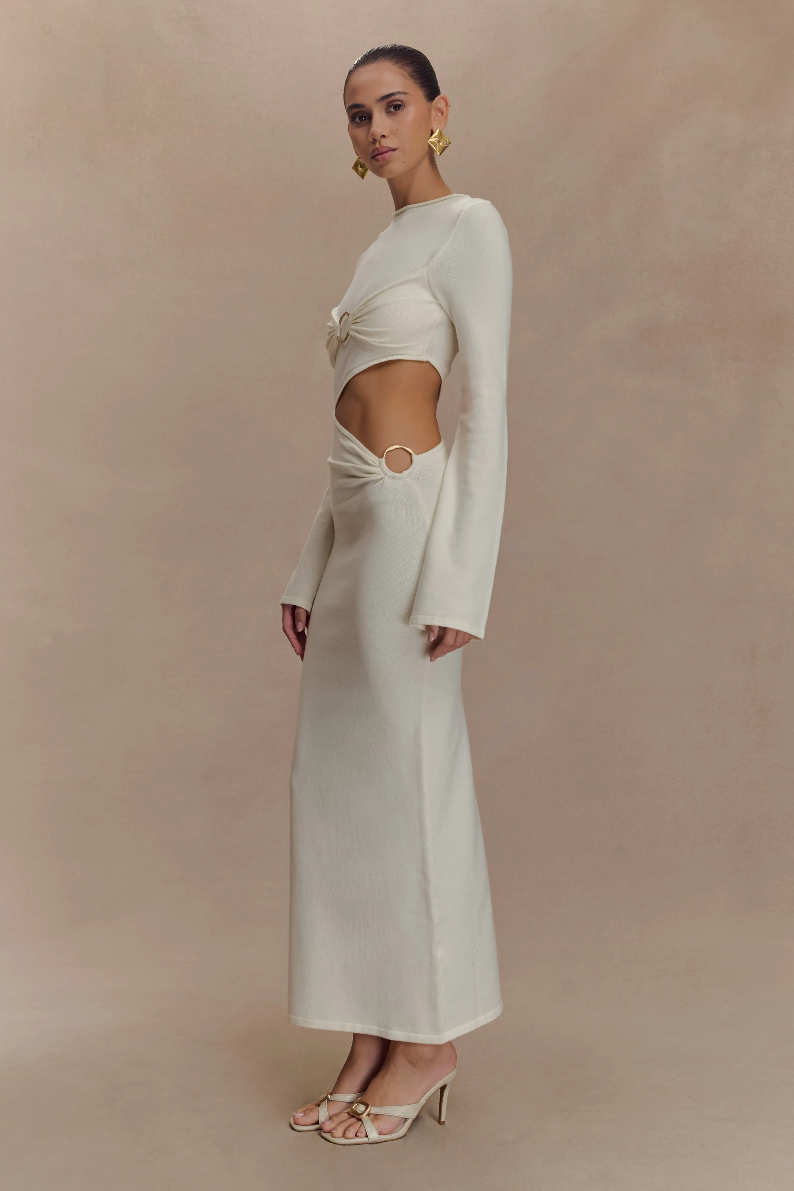 Azariah Long Sleeve Knit Midi Dress - Ivory Wrap Glow
