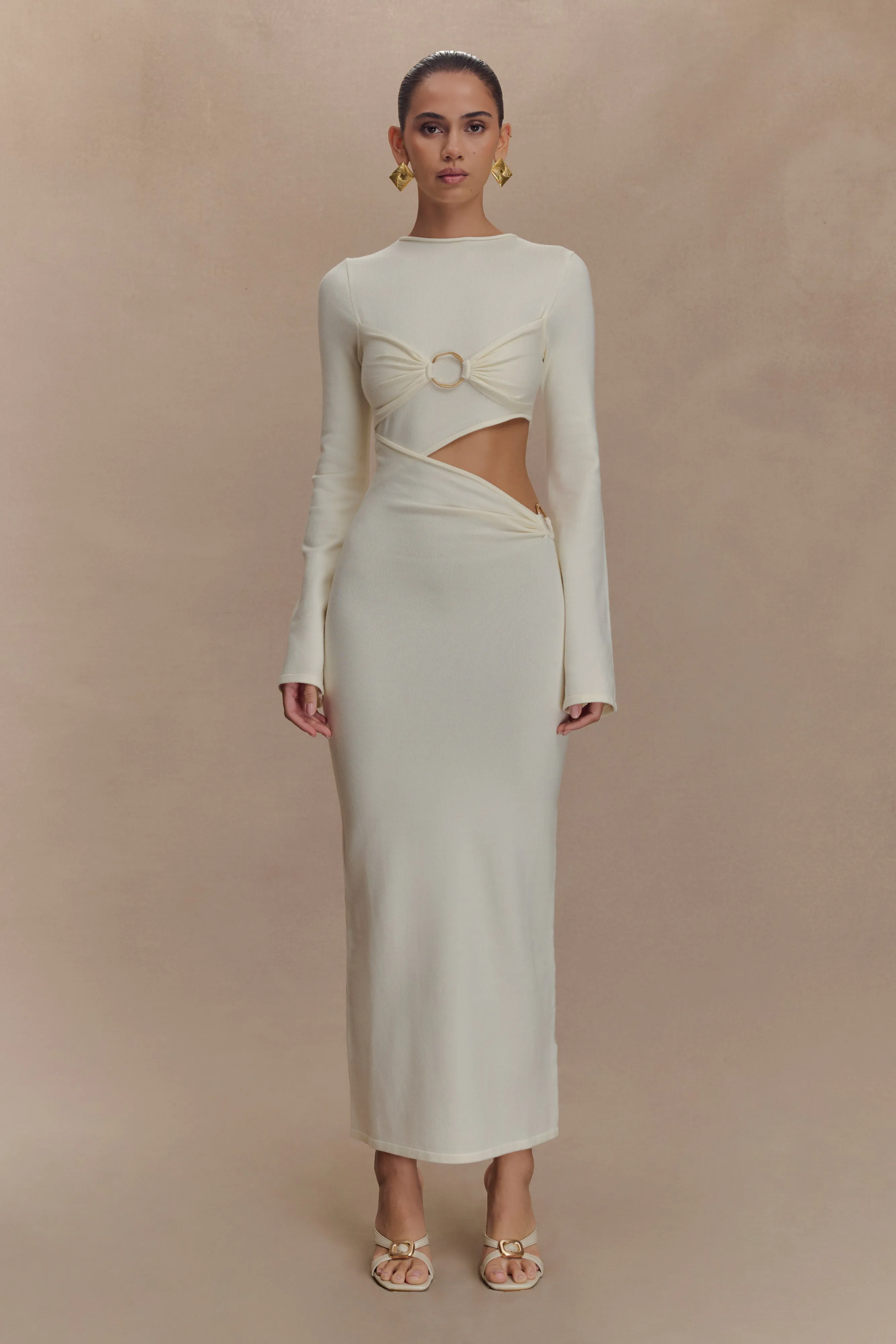 Azariah Long Sleeve Knit Midi Dress - Ivory Sleek Outline Shiny surface